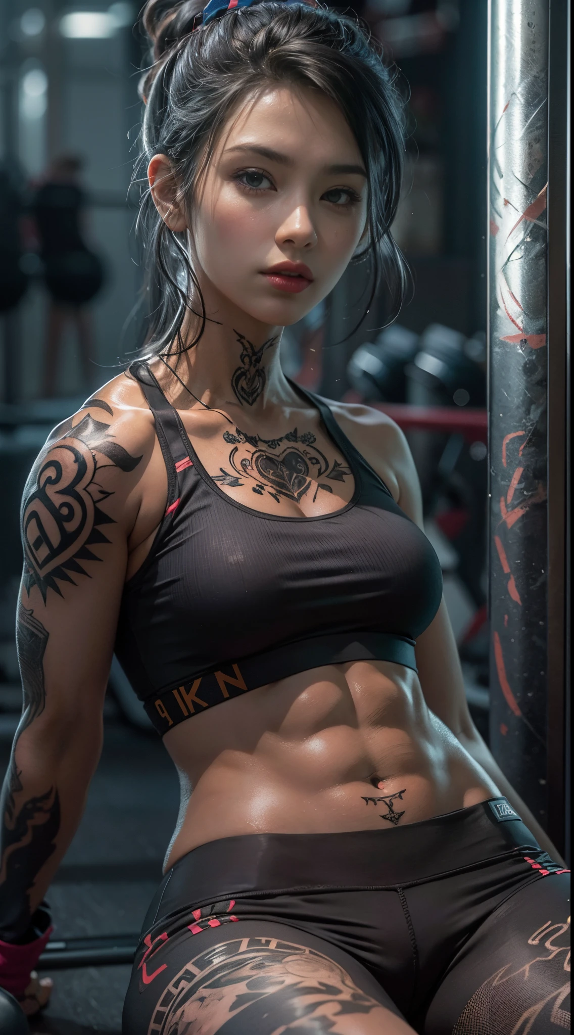 (best quality) Detailed sportswear girl, sitting on the gym floor, spread legs, wearing an intricate leggings and sports bra, highlighting the slight abs, while the chest tattoo adds a cinematic touch to the scene amidst the black tattoo, and cinematic lighting perfects the overall ambiance.