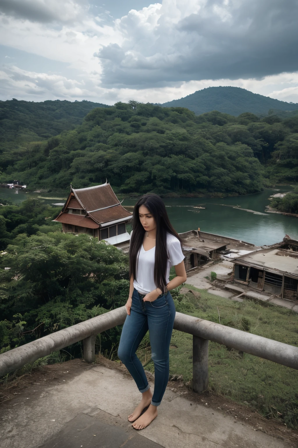 Thai Women, look at viewr, Long hair, Shirt, jeans, cloud, day, skyporn,Outdoors, Post-apocalypse, Ruins, Scenery, tree, Water,