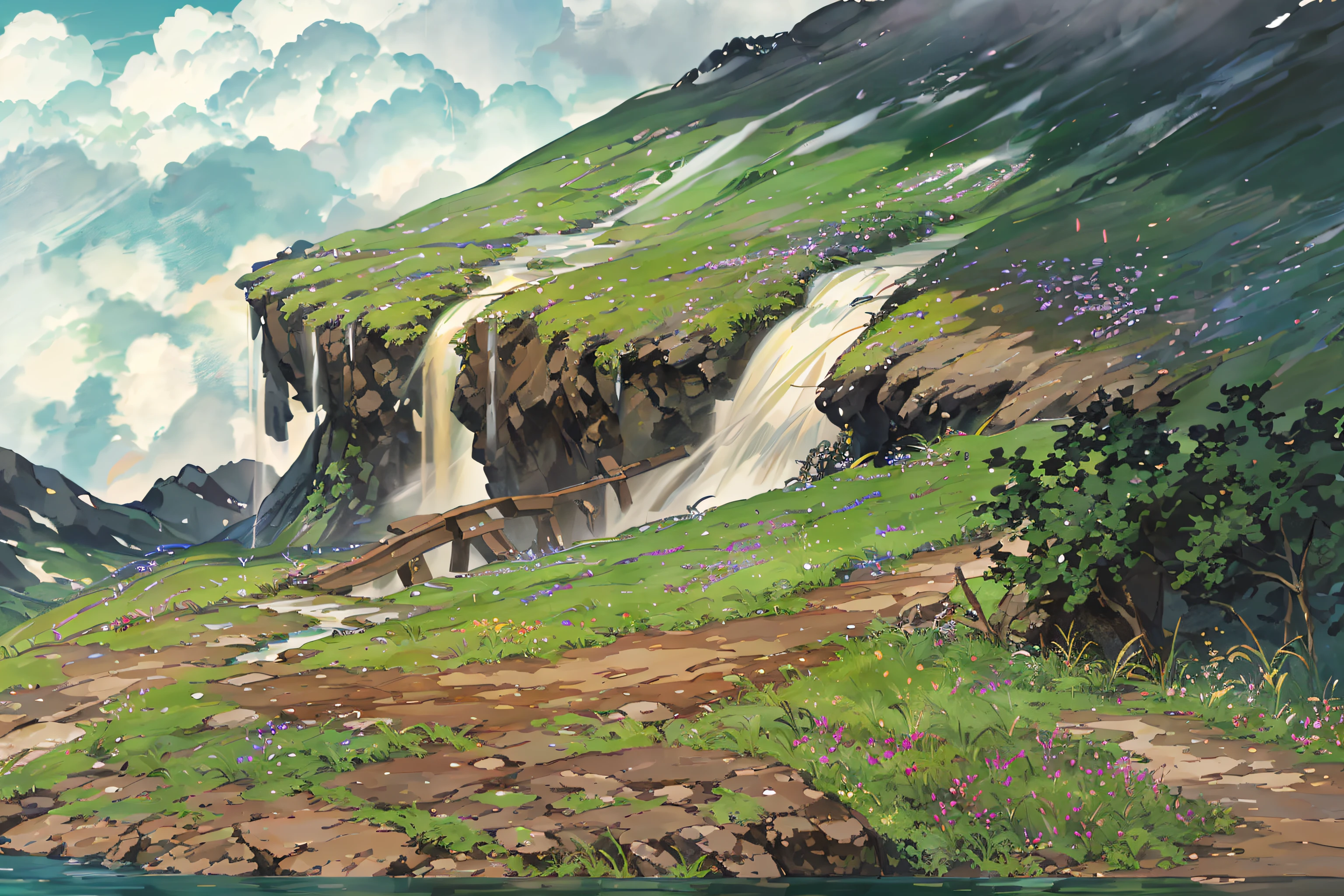 springtime, waterfall, wood, a meadow, rock formations, (illustrations : 1.0), Epic composition, photorealistic lighting, HD detail, masterpiece, Best quality at best, (Highly detailed CG integrated 8k wallpaper)