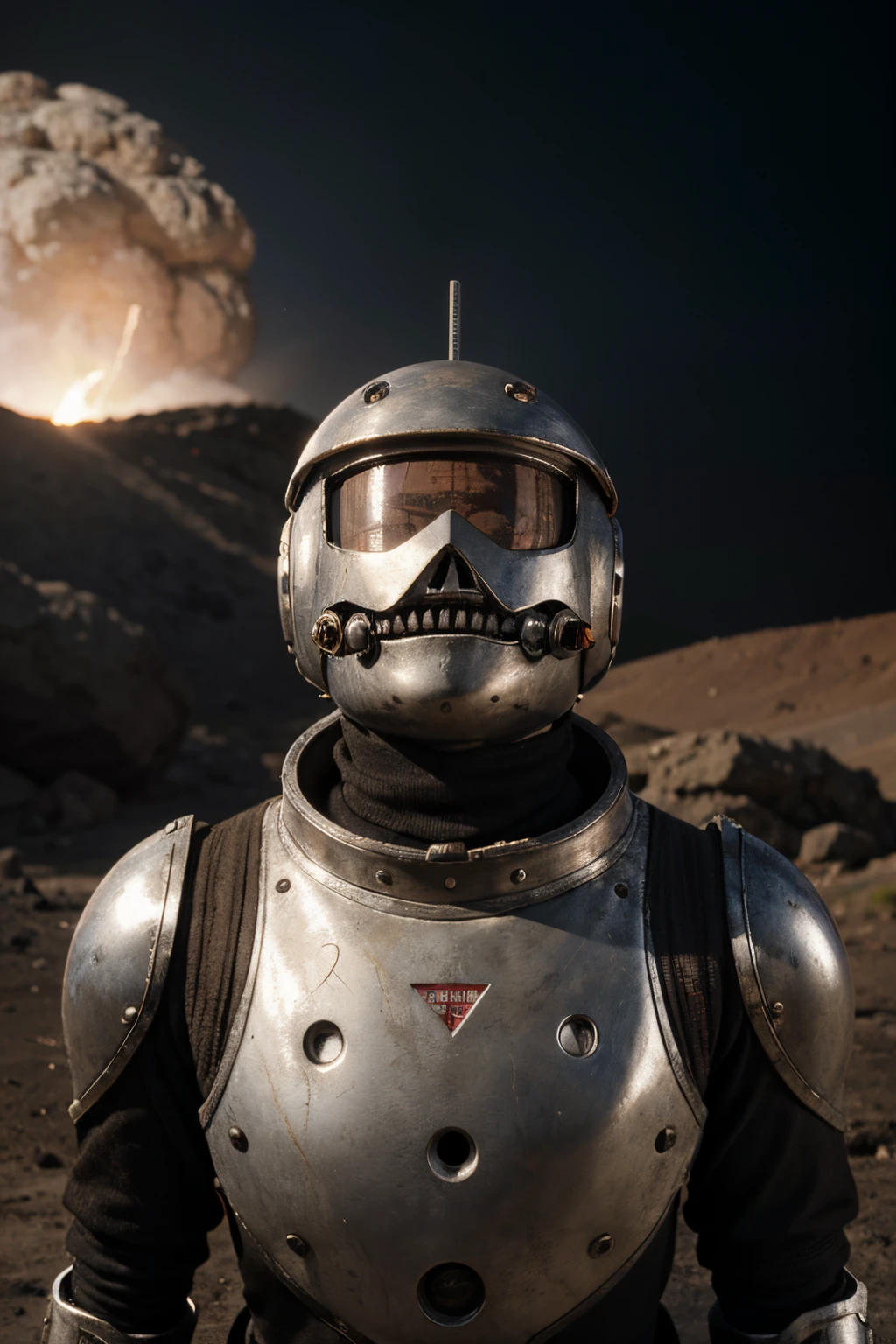 A crazy toy with a big one A Soviet one-eyed robot from CCCP, y casco Estilo, Pinzas en las manos, Cabeza de TV, cabeza de alfiler, camuflaje Oro Plata Rosa Oxidado, Atmosphere in the crater of a super-detailed meteorite, centro, Beautiful, Soft lighting, centrado en el personaje, 4k-resolution, Photorealistic rendering,