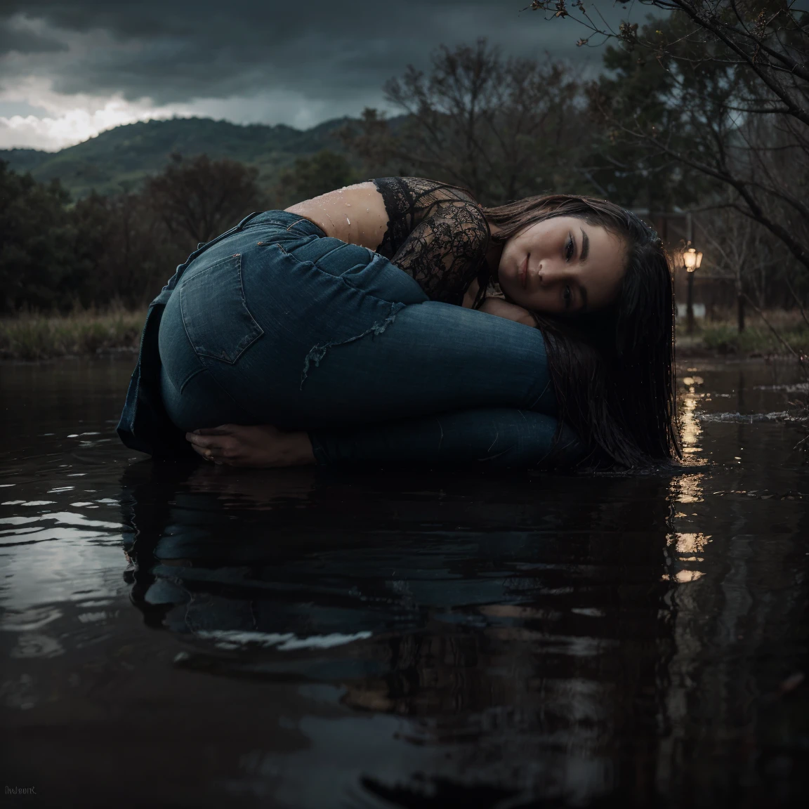 Best Quality, Ultra-detailed, Realistic:1.37, HDR, visual art, up close, portrai, swamp, sinking, Distressed Woman, cloudy water, blurred background, Dark and moody lighting,dry humping session:1.6 Strong Emotions, lace stockings, jeans skirt,, desperate, wet clothing, Dirty hands and face, creepy ambiance, Cinematic, Dramatic colors, haunting, atmospheric, mysterious, Gloomy, Obsessively beautiful, Textured Brush, Expressive brush strokes, Reflections in water.