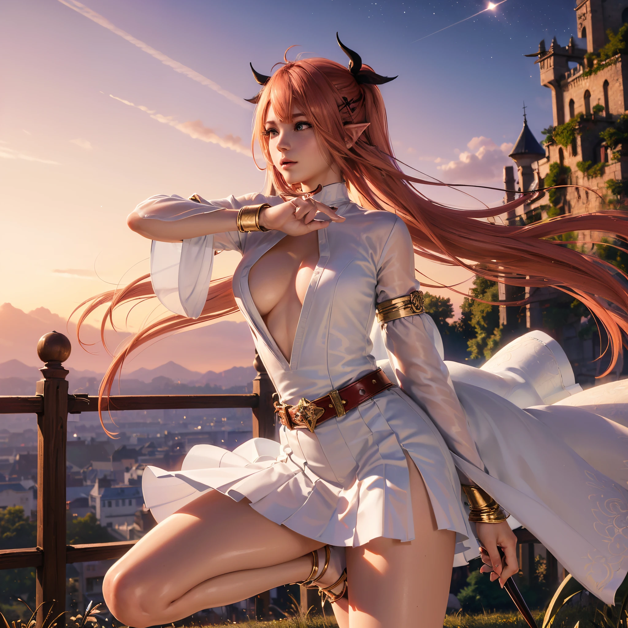 (offcial art, Unity8k wallpaper, ultra - detailed, Beautiful and beautiful, high high quality, The beautiful, tmasterpiece, Best quality:1.3), (Nice face, pretty eyes, Lean skin, oilly skin:1.3), (cow boy shooting, Face focus, close-up face:1.5), (Octagonal rendering, realistically, hyper realisitc:1.5), rays of sunshine, (Shiny), (Reflective suit), (lens flare glow), (bloom effect), Light particles, (dynamic angle, dynamicposes:1.3), tmasterpiece, extremely magnificent view, SuperiorQuality, extremely detremely detailed CG, A high resolution, 16k wallpaper, Perspectives, The face is very detailed, highly details eye, perfect anatomia, Ultra-delicate skin, (dynamic angle, dynamicposes:1.3), (blows wind, Very long flowing red hair:1.3), (midynight, themoon, castle background:1.3), (offcial art:1.5), Octagonal rendering, The cutest elf girl, Short blonde bangs, ahoge, hair adornments, Green-eyed, (Bigchest:1.2), a white long skirt,Paired with a green cape and gold accessories, with magic wand, in woods, (Original Character, Unified 16k wallpaper, tmasterpiece, Best quality, ultra - detailed, extremely detremely detailed CG, Caustics, 电影灯光, Detailed pubic hair, beautidful eyes, Alone, oilly skin, 超A high resolution, delicate skin),
