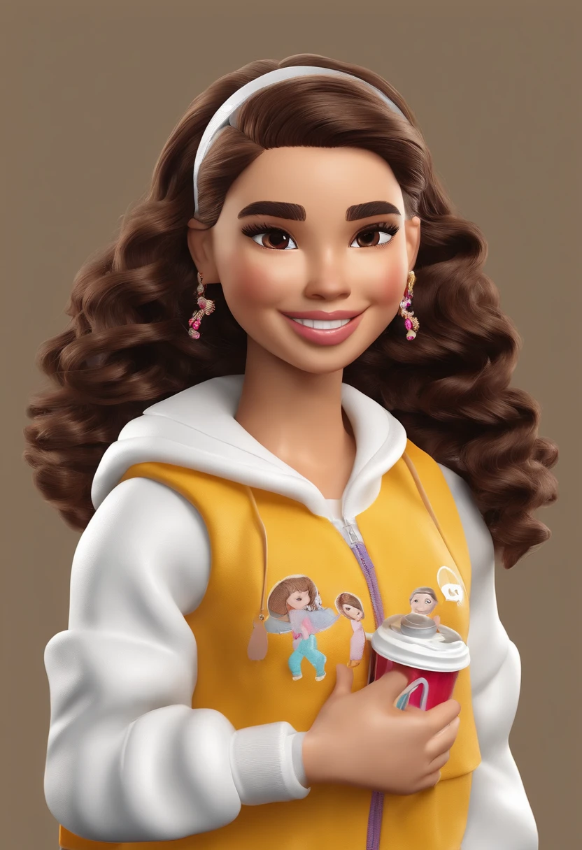imagem de alta qualidade de uma boneca chibi boneca chibi, dua lipa, estilo filme barbie 2023, Detalhes delicados, fundo branco, solid background, feliz, sorrindo, corpo inteiro,standingn, corpo inteiro, white sneakers, style Clueless movie,menina sorridente de cabelos cacheados castanhos, castanho, cabelo castanho, brown hair, hair brown, vestindo um uniforme escolar colorido, carregando uma mochila grande e colorida repleta de livros e material escolar, em um fundo de uma escola animada. lavender color, pastel yellow, cute headband