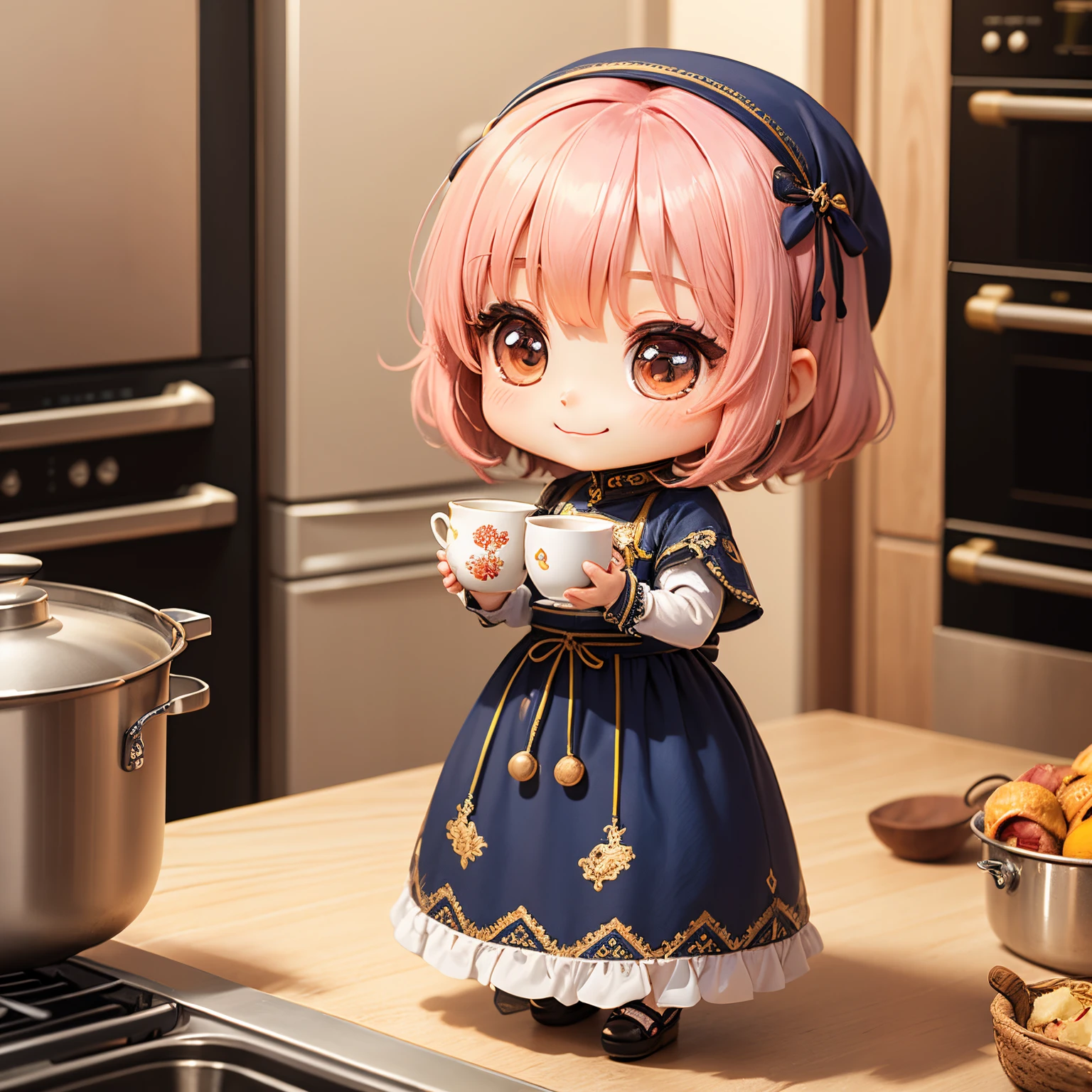 masterpiece、top-quality、ultra-detailliert、(Chibi Chara's Daughter :1.2)、Blue Bob、Arabian national costume、Chibi Kitchen、kitchenware、dish、cups、A smile、