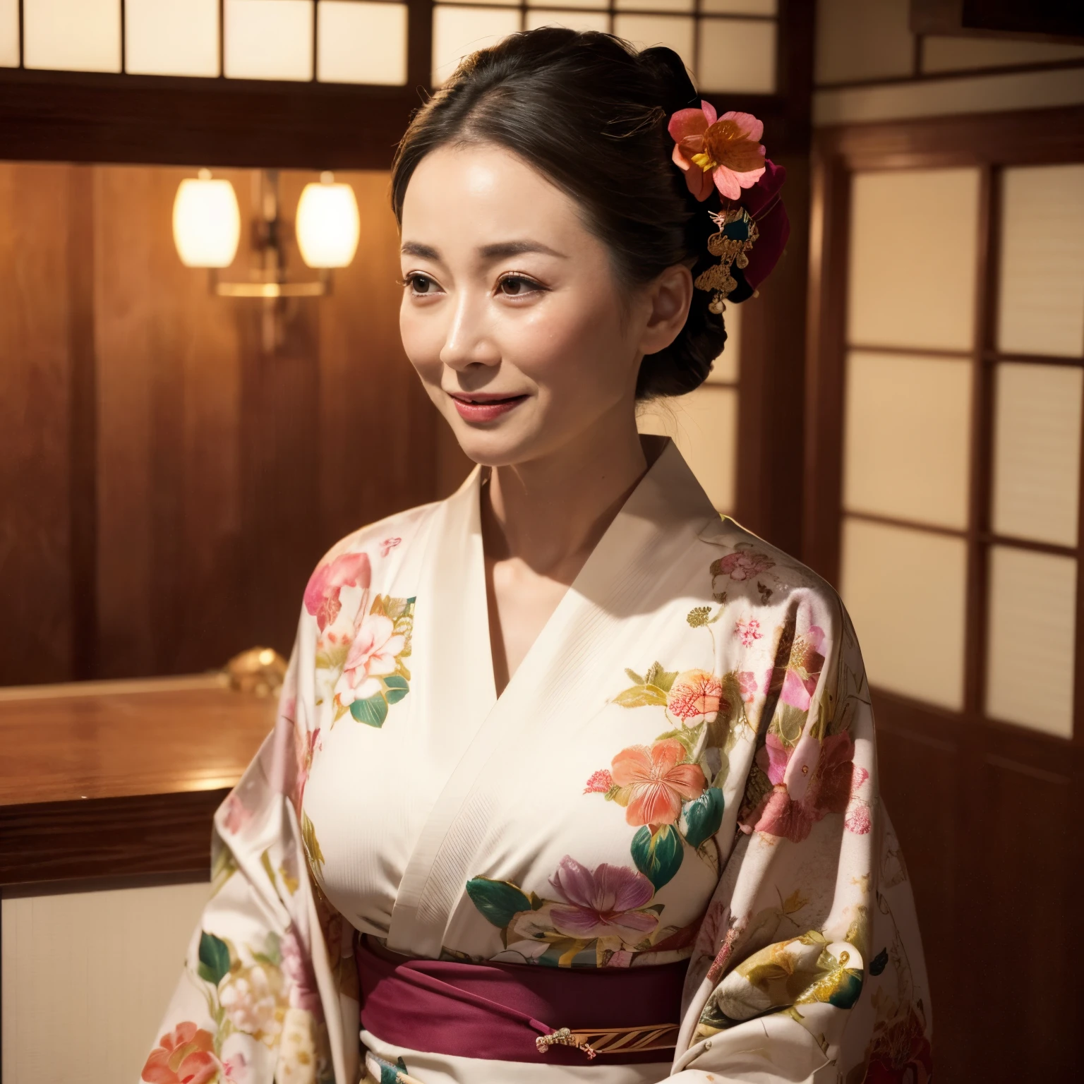 ((Best Quality, masutepiece, 超A high resolution、The most complex and detailed depictions、发光、Highly saturated、bright and highly saturated、vivid))、1人の女性、wearing a luxurious kimono、(((Sad smile、sad Facial expression、saddened、Looks like you're about to cry)))、(Japanese-style elegant kimono、Elegant standing figure、standing elegantly)、Elegant kimono、Photographing from the waist up、((Staring at me、Perfect camera gaze))、A detailed face、perfect glossy lips、perfect anatomia、Elegantly styled hair、She is wearing an elegant hairpin.、natural make up、A detailed face、face perfect、Beautiful fair skin、perfect shiny skin and hair、The background is an elegant Japanese room、Lush hairline、large full breasts、Fluffy kimono