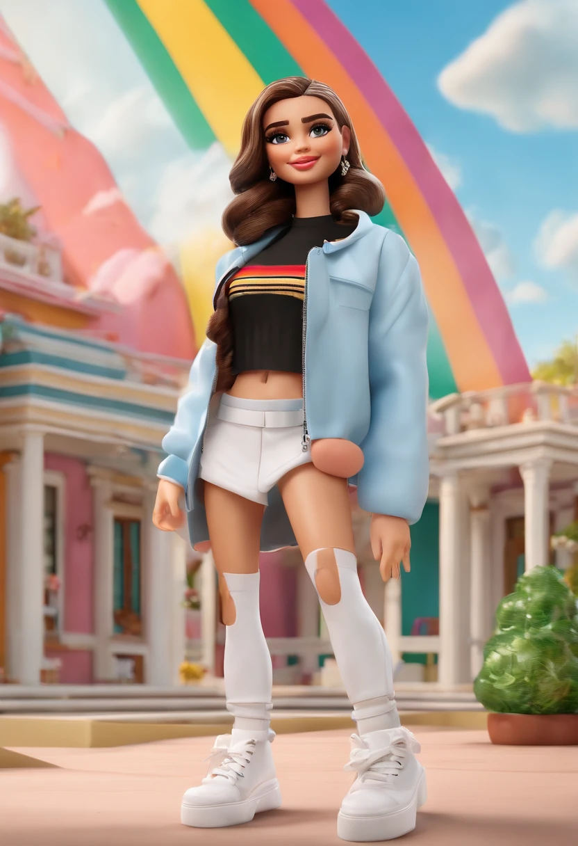 imagem de alta qualidade de uma boneca chibi boneca chibi, dua lipa, estilo filme barbie 2023, Detalhes delicados, fundo branco, solid background, feliz, sorrindo, corpo inteiro,standingn, corpo inteiro, white sneakers, style Clueless movie, sorridente de cabelos cacheados castanhos, castanho, cabelo castanho, brown hair, hair brown, vestindo um uniforme escolar colorido, carregando uma mochila grande e colorida repleta de livros e material escolar, em um fundo de uma escola animada. rainbow, mochila escolar