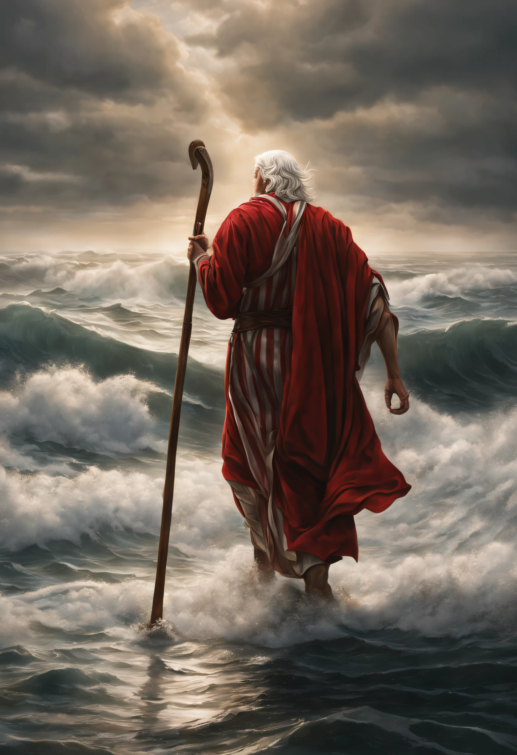 Hyper-realistic detailed Moses seen from the back, with a red tunic with white stripes and white hair from the biblical story, holding a large, flat, curved wooden shepherd's staff, walking on a moving sea in waves.