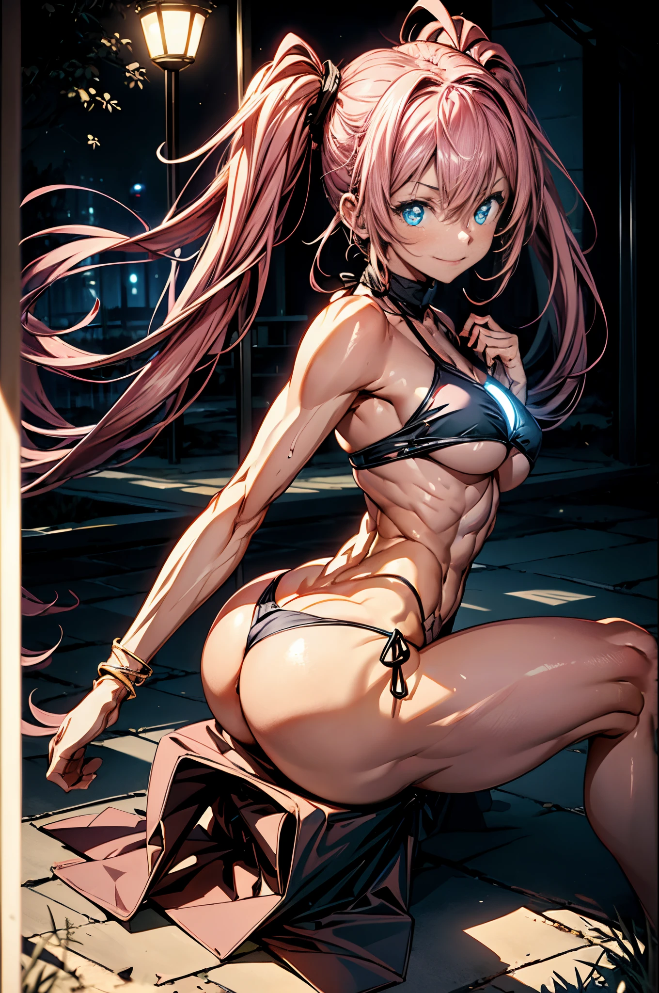 1 girl, (medium boobs))) (((big ass))), (cute smile), (((wearing short bikini))), (long pink hair), (((blue eyes))), (na beach at night with starry sky and full blood moon), (slender), (thin waist), (butt only), legs (thin and muscular), muscular belly, bare feet, (seductive), (((body photo whole))), (standing), (sitting with his ass in the audience's face), twintails, glowing eyes, eye flare, bad mood, anime, anime style, ray tracing, glow, drop shadow, panorama, Sony FE, 8k, UHD, masterpiece, accurate, anatomically correct, super detail, best quality, high resolution, HD, 16k