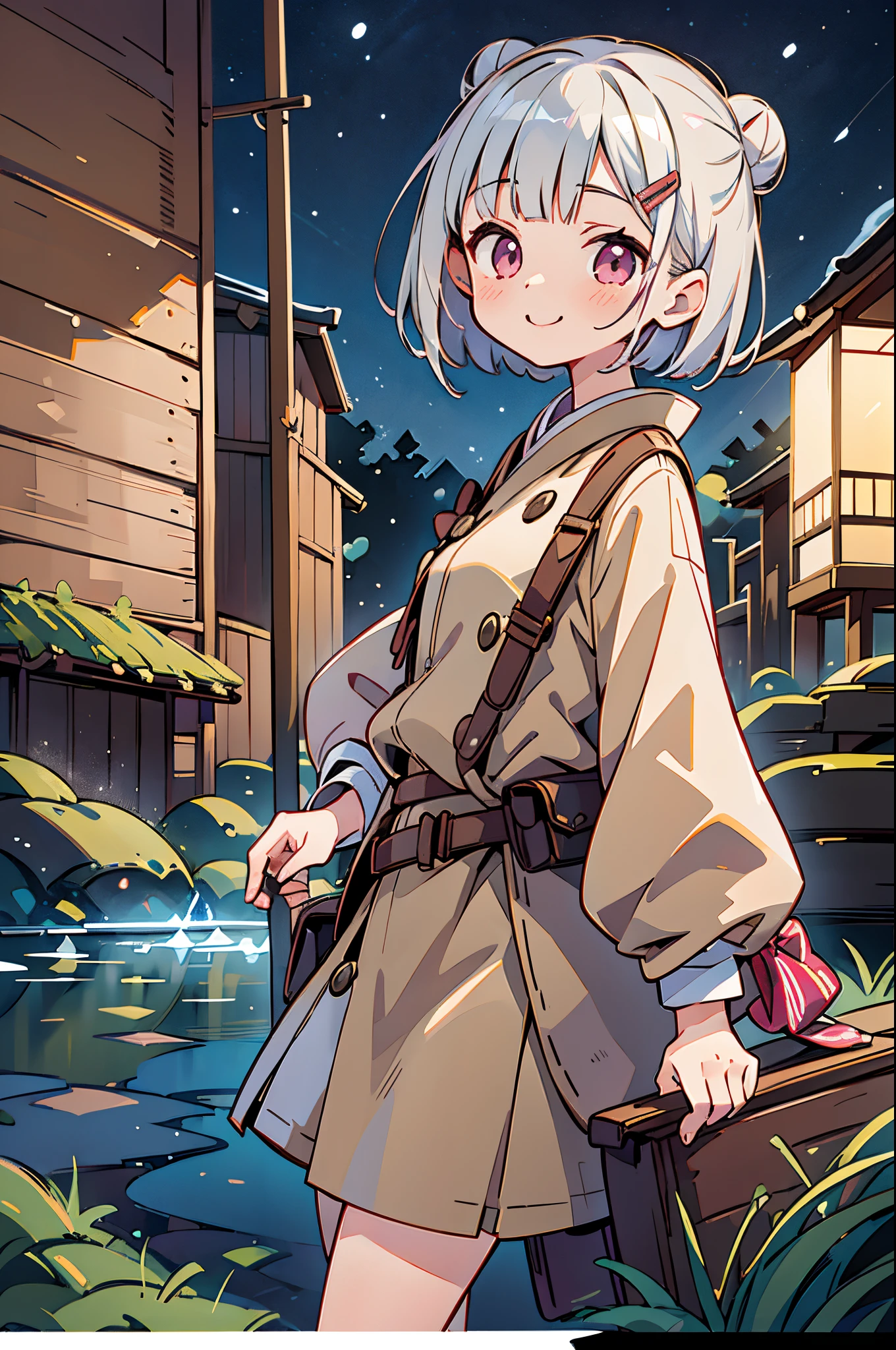 A futuristic world,a perfect illustration of artifical intelliengence,After 5143, 8K, Extremely detailed , flawless,hyperdetailed face,16-year-old girl,Eight-headed body, Short hair with silver bob styled in a bun with hair clip, Pink eyes、small tits,Bitgirl,Background of the near future,During night combat,Smile,Dress Type,Wear a khaki troop jacket,Japan representative jacket、With flag patch、matrix、blade nana