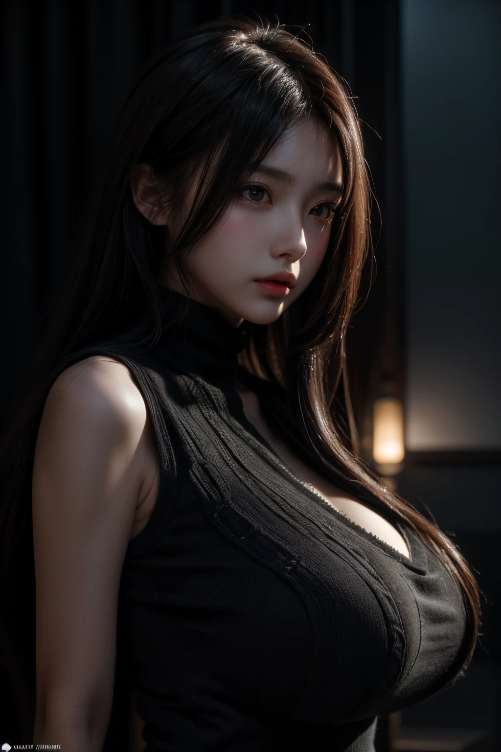 1girll，A detailed face:1.3，Delicate lips:1.2，Meticulous nose:1.2，A detailed eye:1.2，二重まぶた，gigantic breasts, high-necksweater, concept-art, Detailed face and body, award winning photography, detailed face with, Contre-Jour, Hyper-realistic,Ray traching，Strong gaze，looking at viewert，电影灯光，ember，fanciful，water bloom，thin fog，RAW photos，8k uhd，filmgrain（Fluorescent color：1.4），（semi transparent：1.4），（retro filters：1.4），（fanciful：1.4），Backgrounds are super realistic, super quality cinematic lighting, huge details, full HD painting, plenty of light，