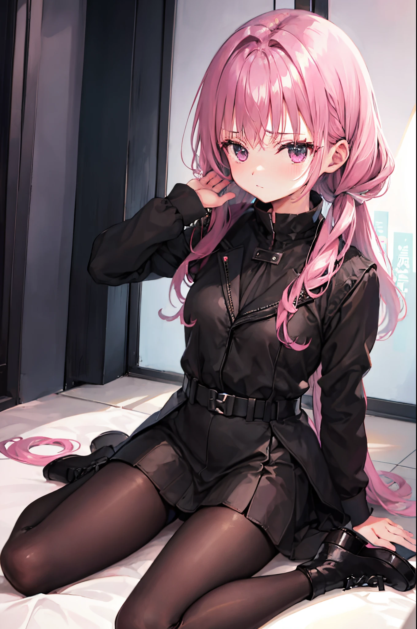 mitsukasa ayas，army suit，Manteau，black short skirt，black pantyhoses，black military boots，mitts，Place your hands behind your back，A sexy pose