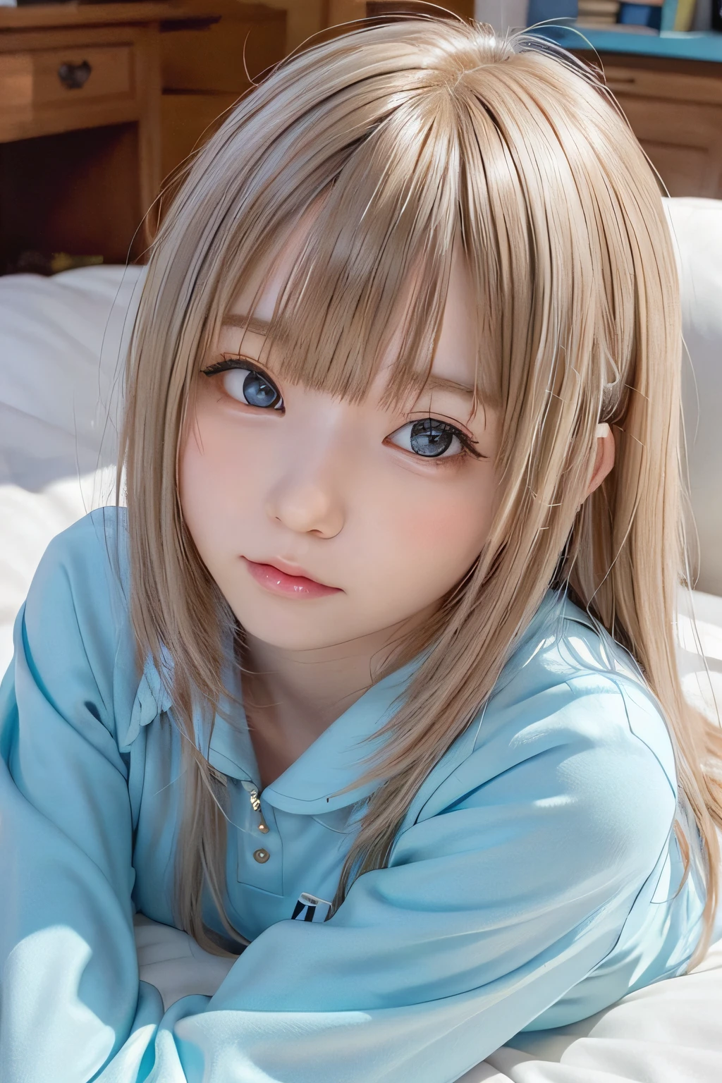 Hatsune Miku、Sexy very beautiful face sexy finnish cute girl、The long bangs that hang over the eyes are、Awakened super long silky blonde hair、very beautif、Glowing pale light blue eyes、student clothes、White shiny skin、Small face beauty、Large double eyelids、