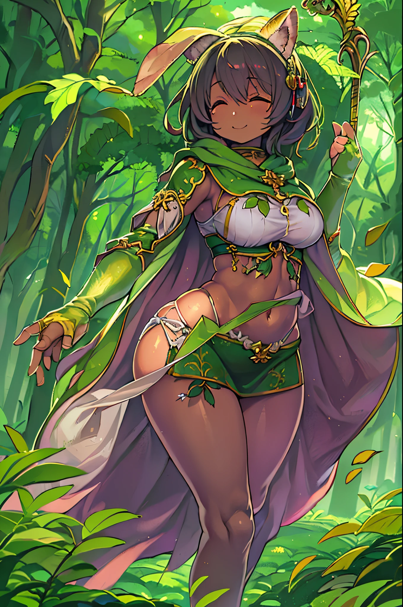 Fantasia, 1forest_element in_girl, Fighting, (Using_Leaves_Clothes, Green_Leaves_Covered_breasts, Leaves_Covered_cunt)+++,Medium_breasts,Dynamic_Pose_Standing, light_Smile, sleepy, Medium_hair, a navel,(Dark_skin)+, oils, (Winding_vine_Around_torso)++, (plump)+,the woods, Trees_Background, Leaves_Headgear, Green_Leaves_Cape, Hold_Large_long_A staff, thighs thighs thighs thighs,