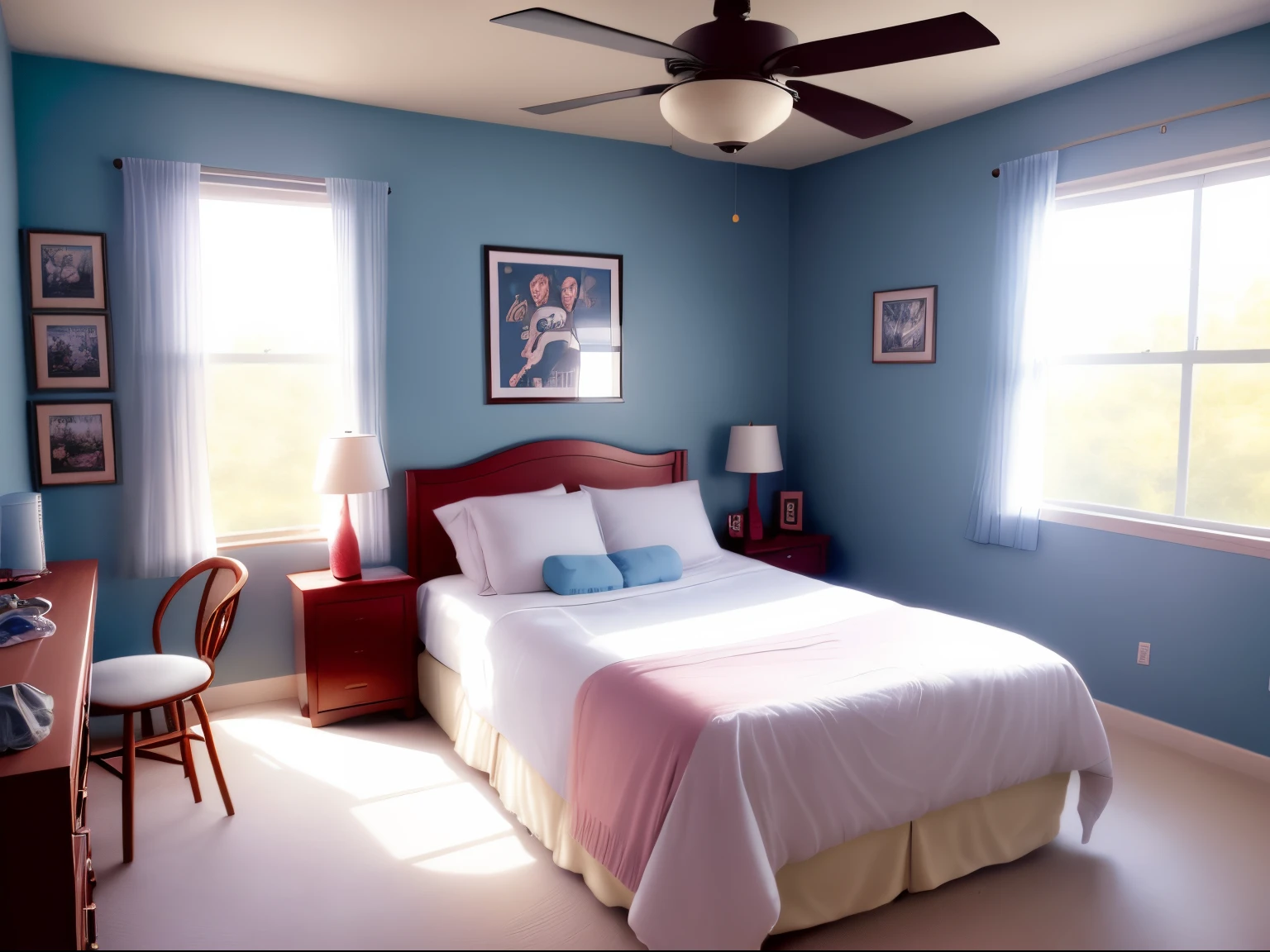 A fan's room, with a poster of her idol pasted on the wall, above the bed. Spacious environment, light walls, dresser, window, fabric curtains and ceiling fan. (realistic, high quality, 8k)