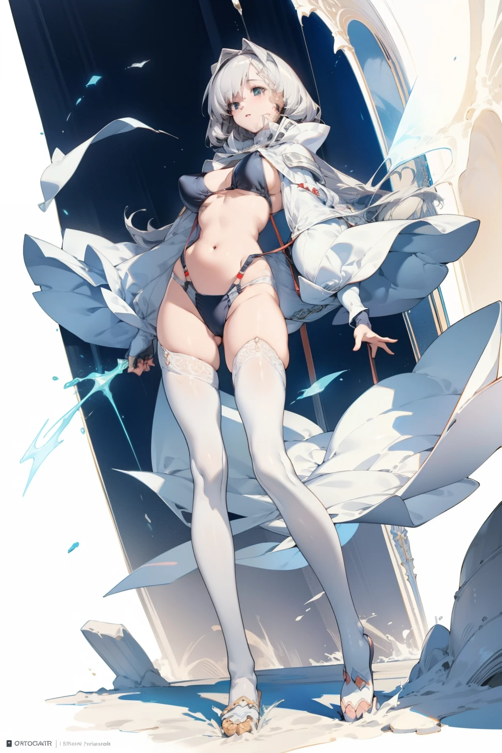 White knee-length stockings，Lace suspenders，sorceress woman，Bigboobs，Bikini swimsuit，Stand up，standing straight，white backgrounid