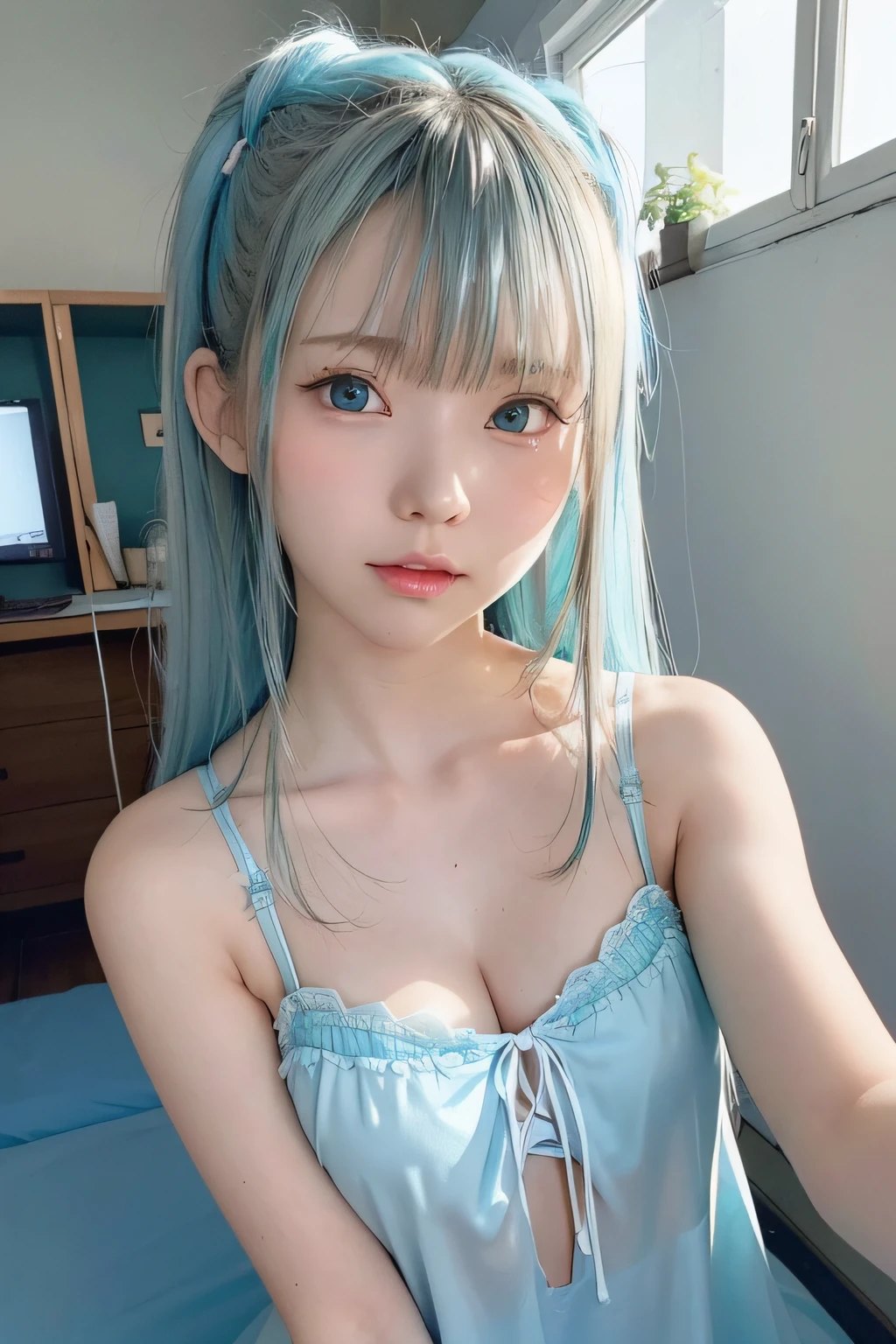 Hatsune Miku、Sexy very beautiful face sexy  finnish cute girl、The long bangs that hang over the eyes are、Awakened super long silky blonde hair、very beautif、Glowing pale light blue eyes、student clothes、White shiny skin、Small face beauty、Large double eyelids、