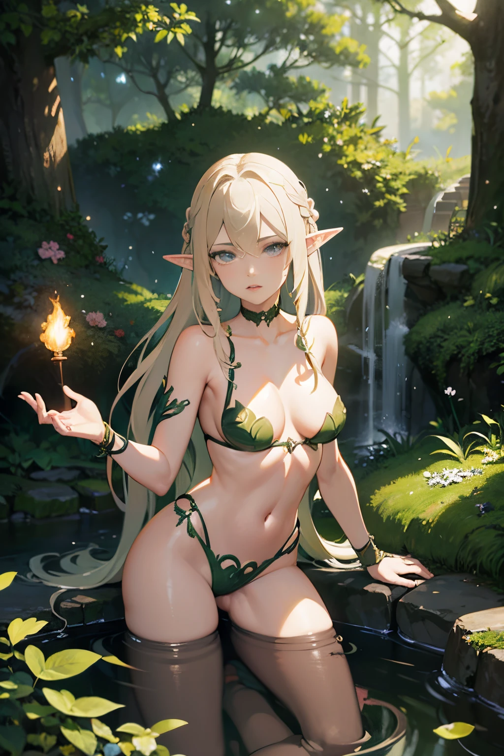 Beautiful Alluring female elf knight, Mythology Theme, Fantasy Theme, fair Skin, fair long blond braided hair, a cup size extremely small breasts, Inside A magical forest, Barely Clothed, bikini armor, Beautiful D&D Character Portrait, Beautiful Fantasy, Detailed, Digital Art, Extreme Detail, Polished, Beautiful, Hyperdetailed, Intricate, Elaborate, Meticulous, Anime Character, Detailed, Anime Face, Sharp Focus, Unreal Engine, 3d Rendered, Volumetric Lighting, Reflections, Glossy, Digital Illustration, Sensual Pose, Suggestive Pose, Full Body Shot, small perky breasts, anatomically correct 💖❤💕💋❣