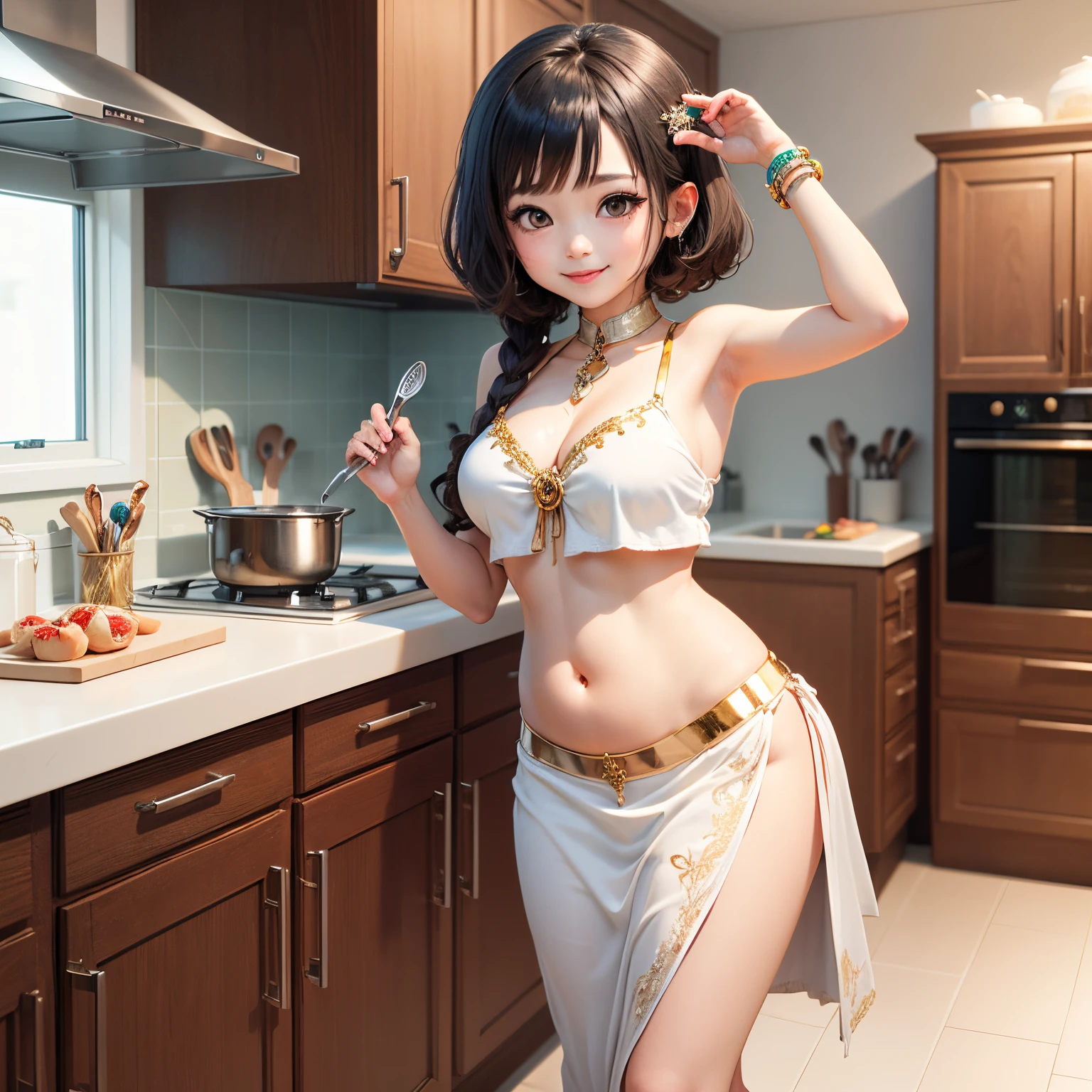 ​masterpiece、top-quality、ultra-detailliert、(Chibi Chara's Daughter :1.2)、Blue Bob、(Belly Dance Costumes:1.2)、Chibi Kitchen、kitchen miscellaneous goods、dish、cups、A smile、