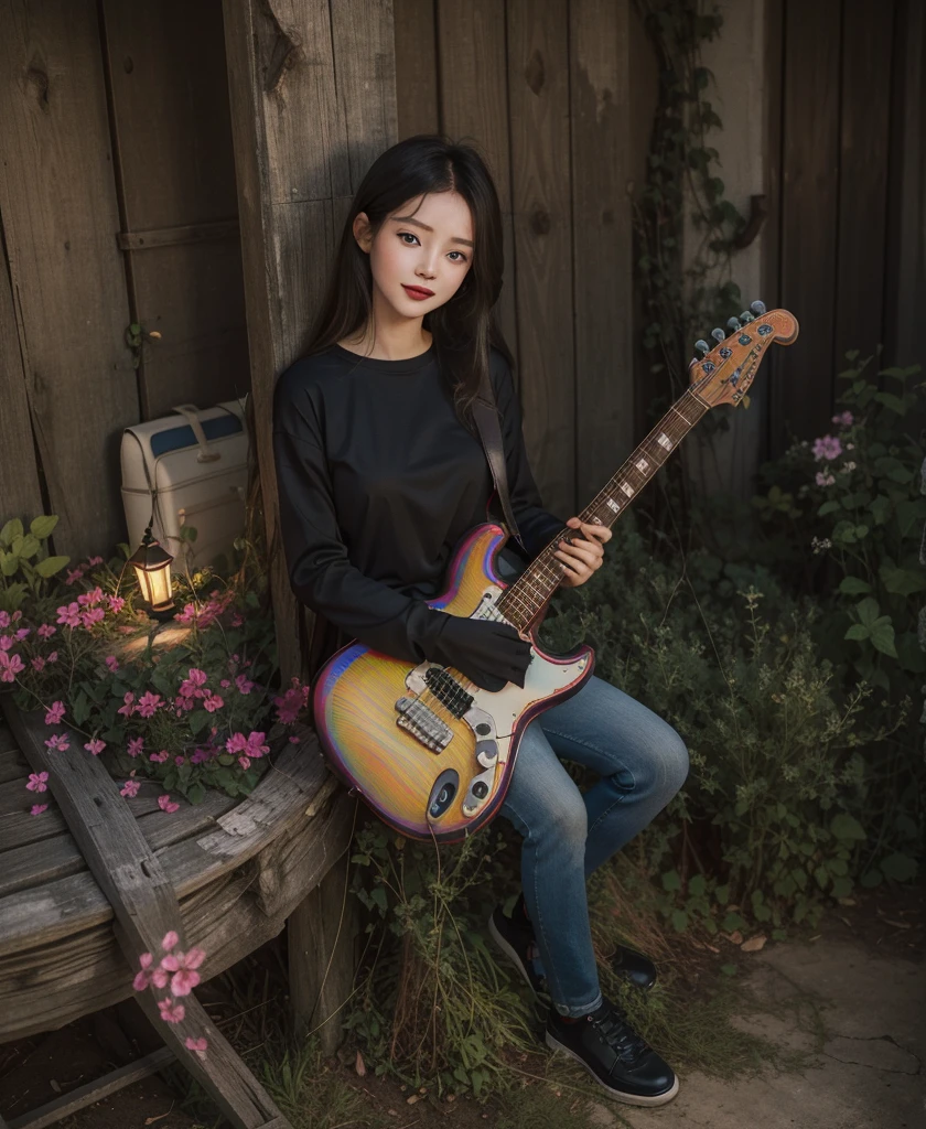 Image of a picturesque park scene,A radiant young woman sits on a cozy picnic blanket,Play the electric guitar skillfully。Around her,A row of brightly colored flowers bloom,Dotted with the earth,Extremely colorful。Delicate butterflies flutter gracefully overhead,forming a whimsical dance around her。and the sun was shining brightly,A warm glow was cast on her face,Illuminates the entire park。Capturing a girl's peaceful aura and pure joy,Because she is immersed in music,Nature and simple pleasures on sunny days,Wear a white T-shirt and long-sleeved jeans,blue denim pants,Dark red messy long hair((2.0)),Her hair was scattered in the air,cute blue eyes((1.5)),Seductive red lips((1.2)), Surrealist digital artwork,Super detailed hands and fingers,Staring at the electric guitar,ssmile,Super focus medium angel lens,Very detailed electric guitar,Glowing light,Volumetric and holographic light effects,Colorful butterflies flutter around her,beautiful flowers