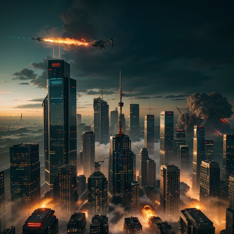 A swarm of drones attacking a city at sunset, (best quality,highres,ultradetailed) with intense action, (cinematic,action movie:1.2) visual effects, and stunning explosions. The drones are metallic and sleek, (metallic,modern,shiny:1.1) with razor-sharp propellers glinting in the sunlight. The cityscape is a futuristic metropolis, (futuristic,sci-fi,neon lights:1.1) with towering skyscrapers, flying cars, and holographic advertisements. The drones are equipped with advanced weaponry, (advanced technology,lethal weapons) firing lasers and missiles, (laser beams,missiles:1.1) creating chaos and destruction. The scene is filled with thick smoke, (smoke,billowing) debris, and crumbling buildings. The color palette is vibrant, with a mix of warm oranges and cool blues, (vibrant colors,warm oranges,cool blues:1.1) creating a dramatic contrast against the darkening sky. The lighting is dynamic, (dynamic lighting) with the setting sun casting long shadows and illuminating the destruction with a fiery glow. This prompt aims to generate a high-quality, action-packed image of an army of drones wreaking havoc on a futuristic city.