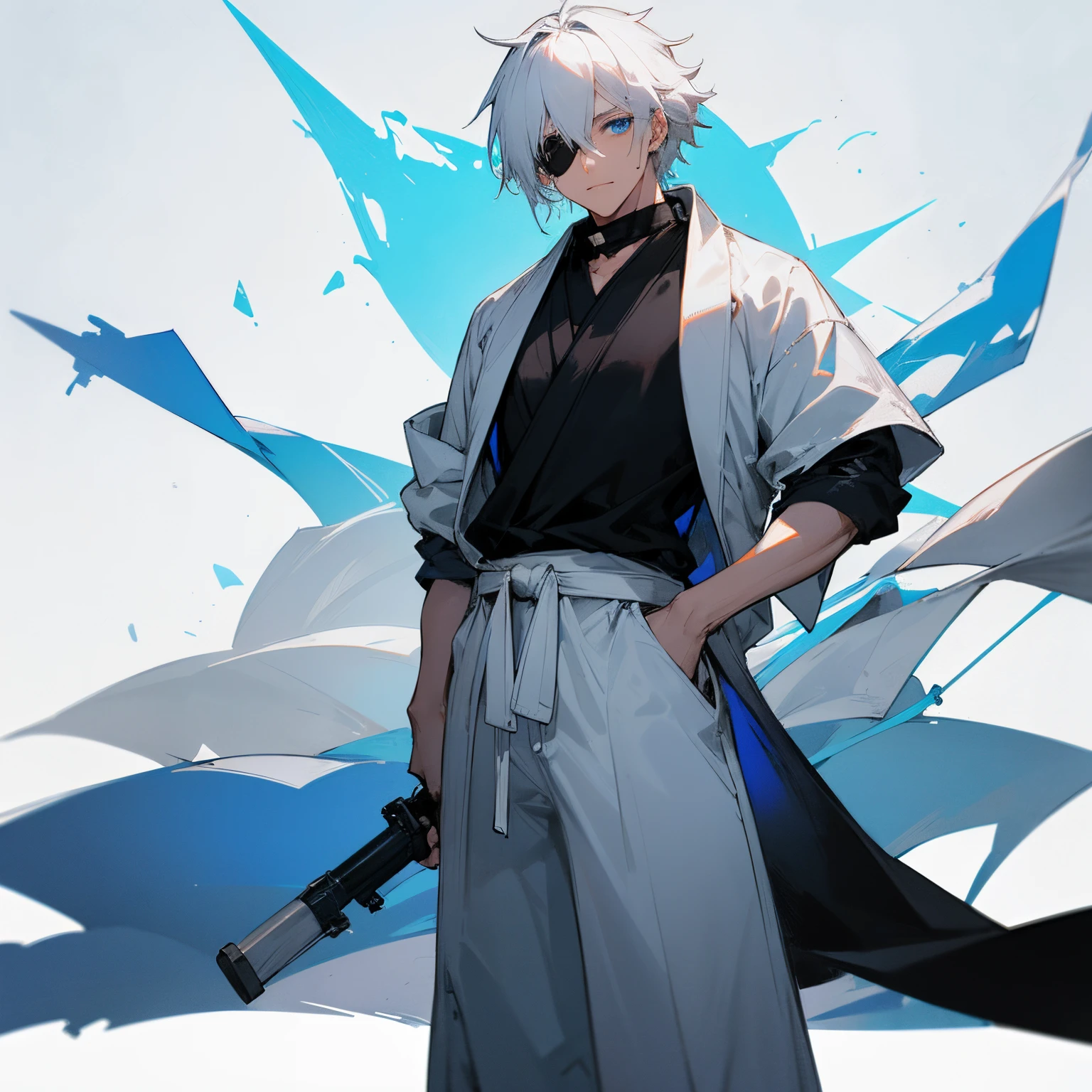 Messy white hair , vibrant blue eyes , wearing a black shirt and white haori over it , black scarf , white baggy pants , layered clothing , eyepatch on one eye , sunny background , standing infront of a temple , 1male , old man