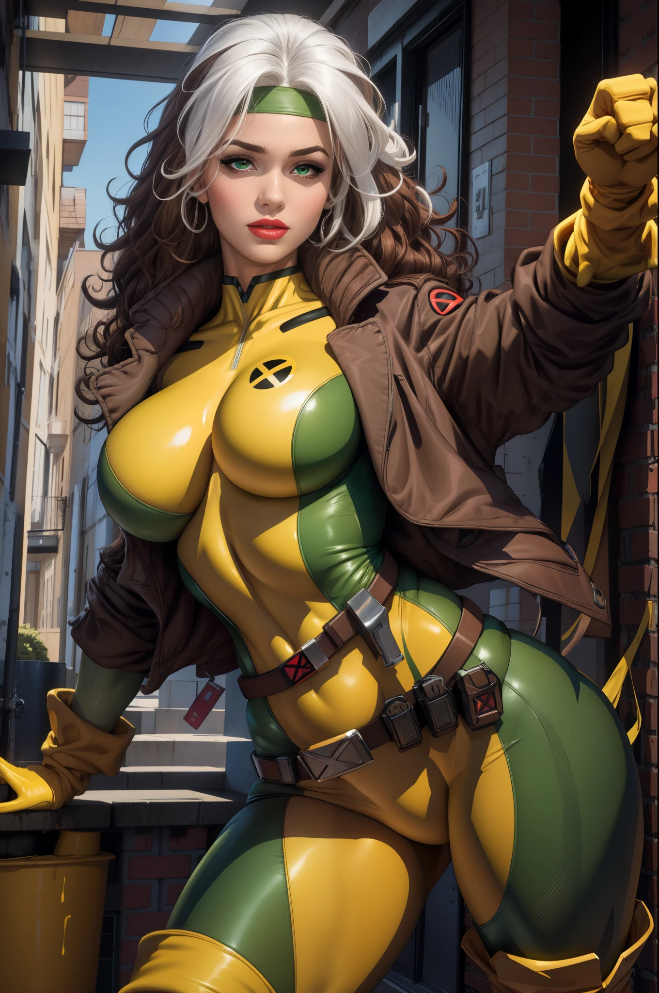 good anatomy, masterpiece, best quality, 4k, 8k, professional photography, soft light, sharp focus,1girl, scenery,
CARTOON_X_MENs_Rogue,ownwaifu,
long hair,breasts,brown hair,green eyes,lipstick,makeup,lips,white hair,two-tone hair,headband,wavy hair,large breasts,messy hair,curly hair,big_hair,
yellow bodysuit,jacket,gloves,belt,yellow gloves,green bodysuit,bodysuit,multicolored bodysuit,superhero, skin tight,multicolored clothes,