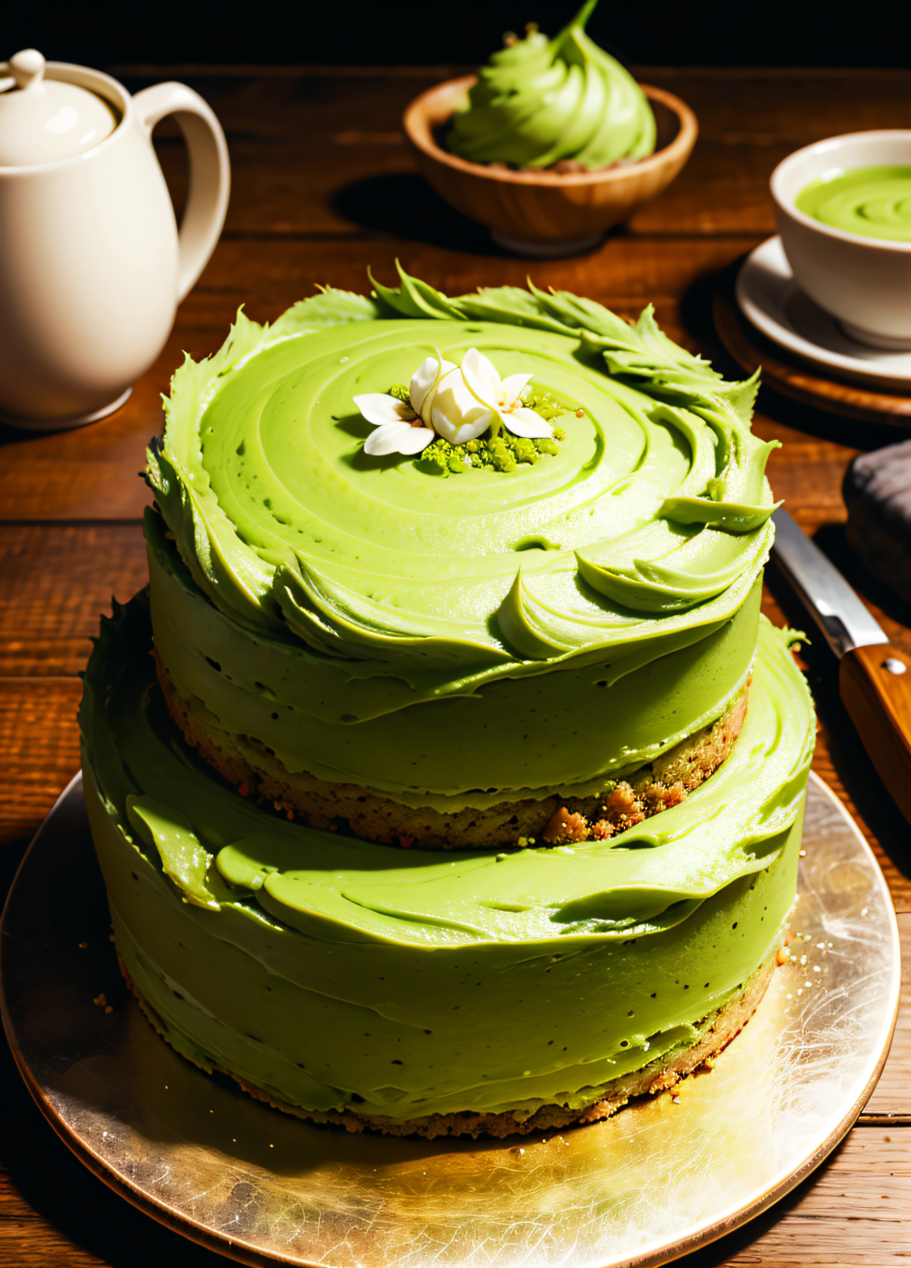 delicious matcha cake, photorealistic, yummy