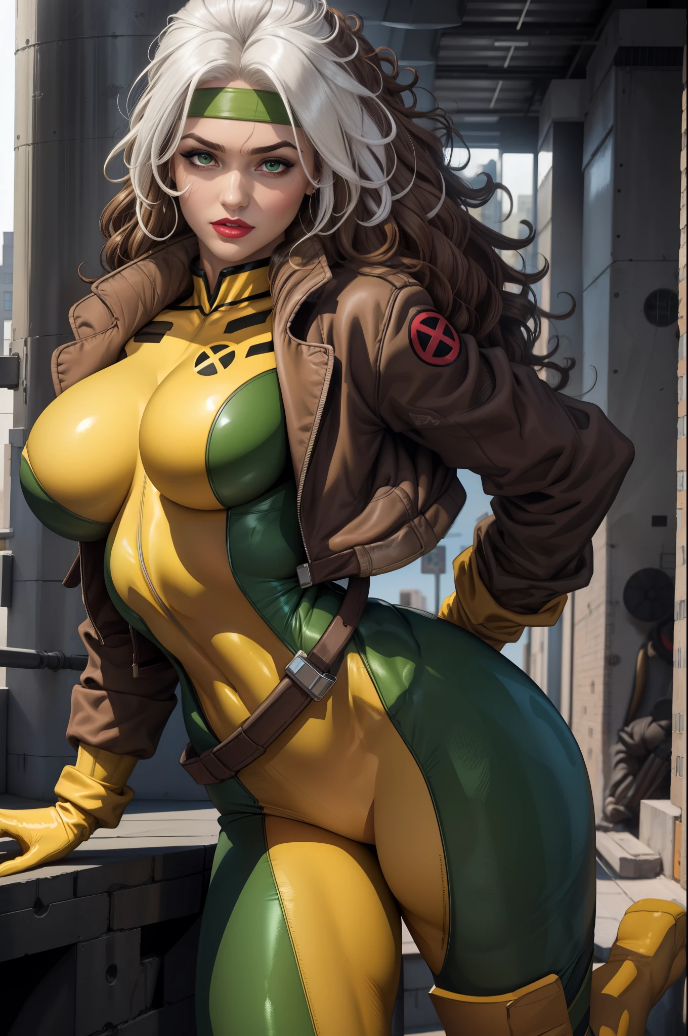 good anatomy, masterpiece, best quality, 4k, 8k, professional photography, soft light, sharp focus,1girl, scenery,
CARTOON_X_MENs_Rogue,ownwaifu,
long hair,breasts,brown hair,green eyes,lipstick,makeup,lips,white hair,two-tone hair,headband,wavy hair,large breasts,messy hair,curly hair,big_hair, 
yellow bodysuit,jacket,gloves,belt,yellow gloves,green bodysuit,bodysuit,multicolored bodysuit,superhero, skin tight,multicolored clothes,