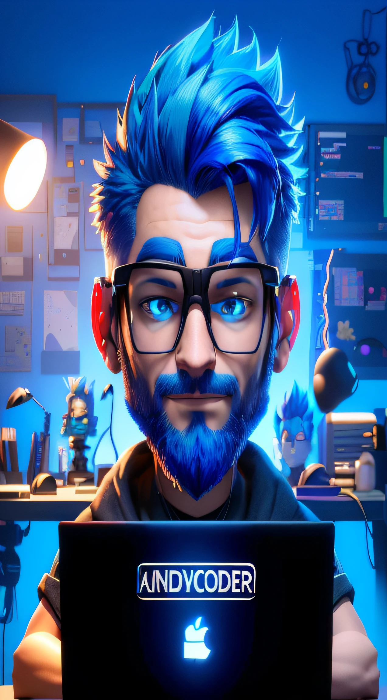 arafed image of a man with blue hair and glasses using a laptop, 3 d render character art 8 k, creative coder with a computer, animation style render, 2 d render, 3 d render stylized, future coder man looking on, cute 3 d render, toon render keyshot, profile picture 1024px, stylized 3d render