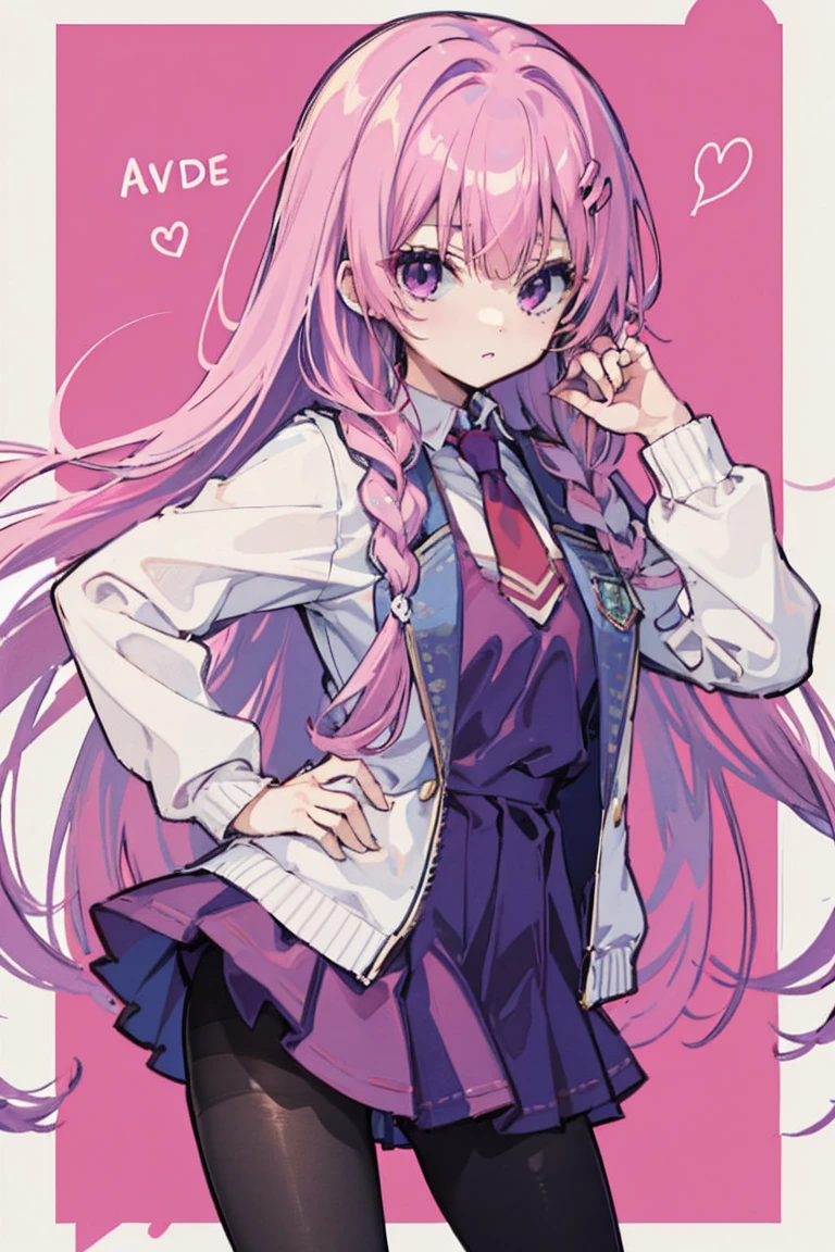 mitsukasa ayas,tmasterpiece, Best quality at best, A beautyful girl, Hair over the shoulder, Pink Long Hair, purple-eyed, 校服, lacepantyhose,