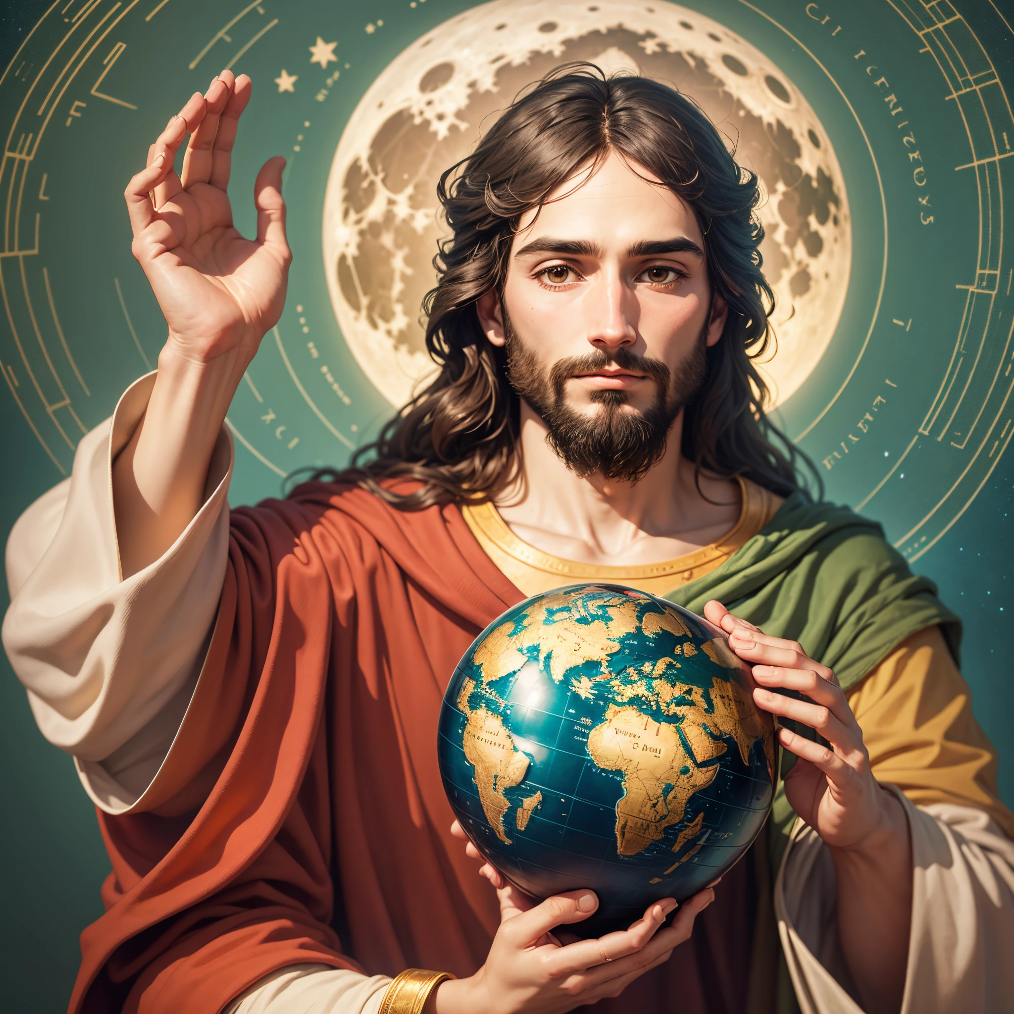 Jesus holding a globe in his hands before a full moon --auto --s2