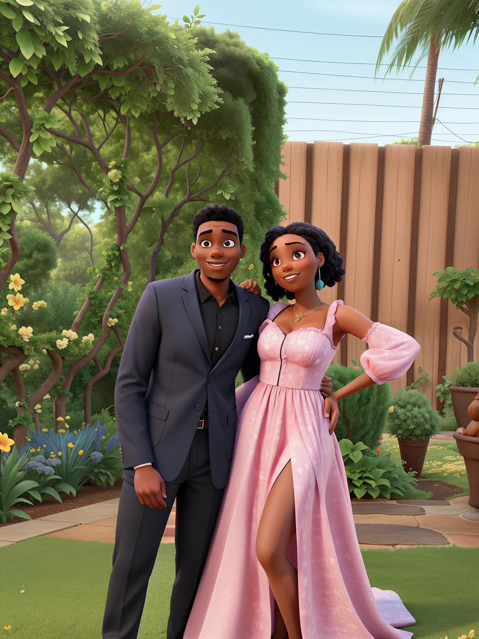 black couple hugging in the garden, romantic couple, igual aos filmes Disney Pixar, igual aos filmes Disney Pixar