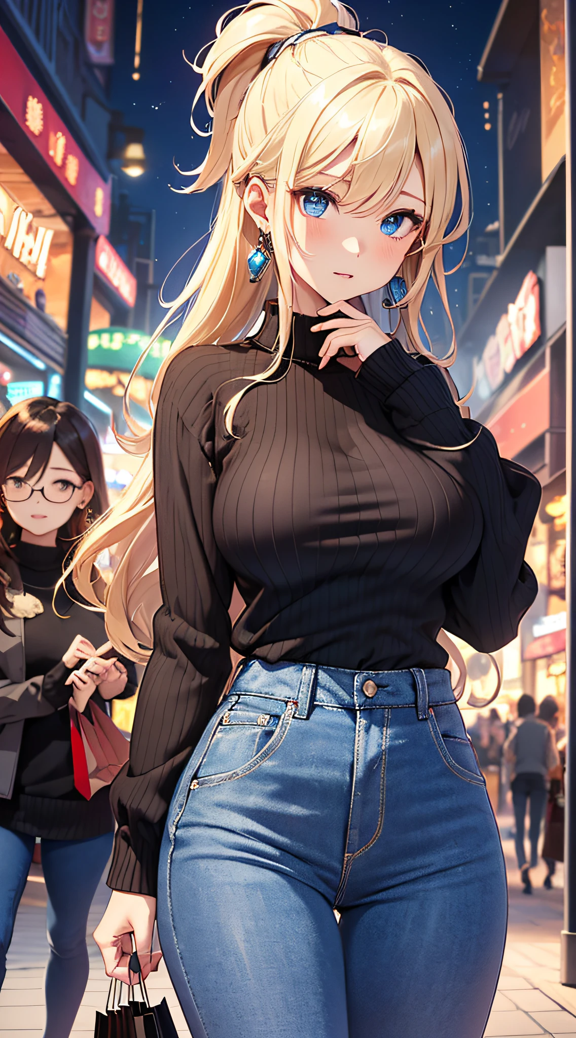 top-quality、Top image quality、​masterpiece、girl with((18year old、Best Bust、big bast,Beautiful blue eyes、Breasts wide open, Blonde ponytail、A slender,Large valleys、Black sweater with open chest、White pants、Ruby Earrings、arms in arms、Doya face)）hiquality、Beautiful Art、Background with((Night Theme Park、shopping mall、Cool illumination)))、,masutepiece、visualart、depth of fields、