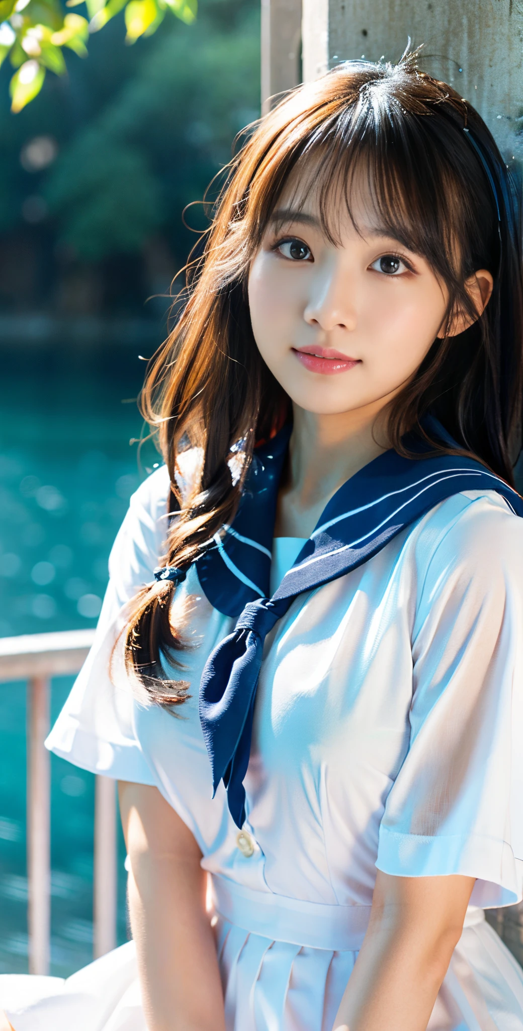 ulzzang -6500-v1.1, (Raw photo:1.2), (Photorealsitic), a beautiful detailed girl, extremely detailed eye and face, beatiful detailed eyes, huge filesize, hight resolution, ighly detailed, top-quality, [​masterpiece:1.6], illustratio, ighly detailed, nffsw, finely detail, top-quality, 8k wallpaper, Cinematographic lighting, (See-through:1.3),white serafuku,sailor dress, White theme,School uniform, Sailor Suit, Looking at Viewer,  Maniacal, messy long hair, Cute drooping eyes、Hair glows,Dramatic Angle,blue sailor collar, perky breast,lightsmile, Ultra-realistic skin texture、shinny skin、Exposed thighs!!! partially underwater shots...
