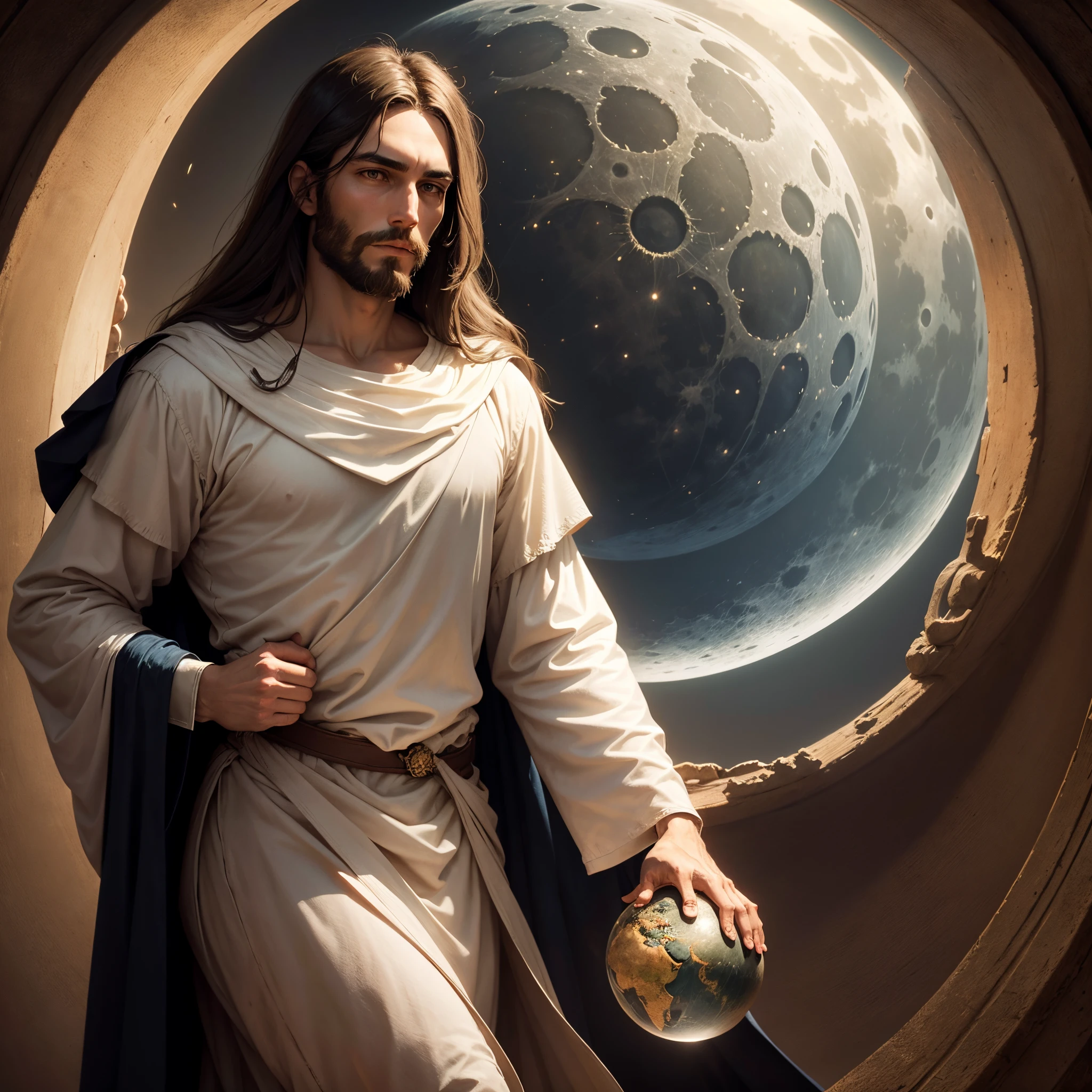 Jesus holding a globe in his hands before a full moon