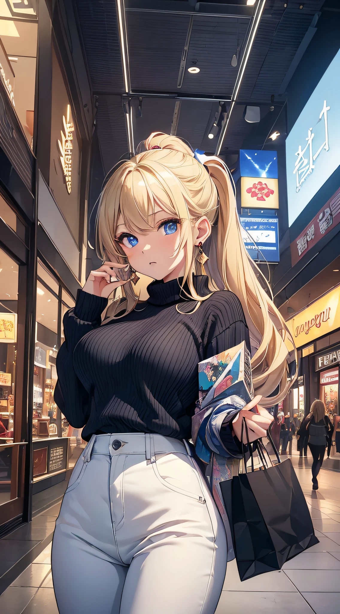 top-quality、Top image quality、​masterpiece、girl with((18year old、Best Bust、big bast,Beautiful blue eyes、Breasts wide open, Blonde ponytail、A slender,Large valleys、Black sweater with open chest、White pants、Ruby Earrings、Doya face、Large amount of shopping bags)）hiquality、Beautiful Art、Background with((Shopping malls at night、cool illumination)))、,masutepiece、visualart、depth of fields、