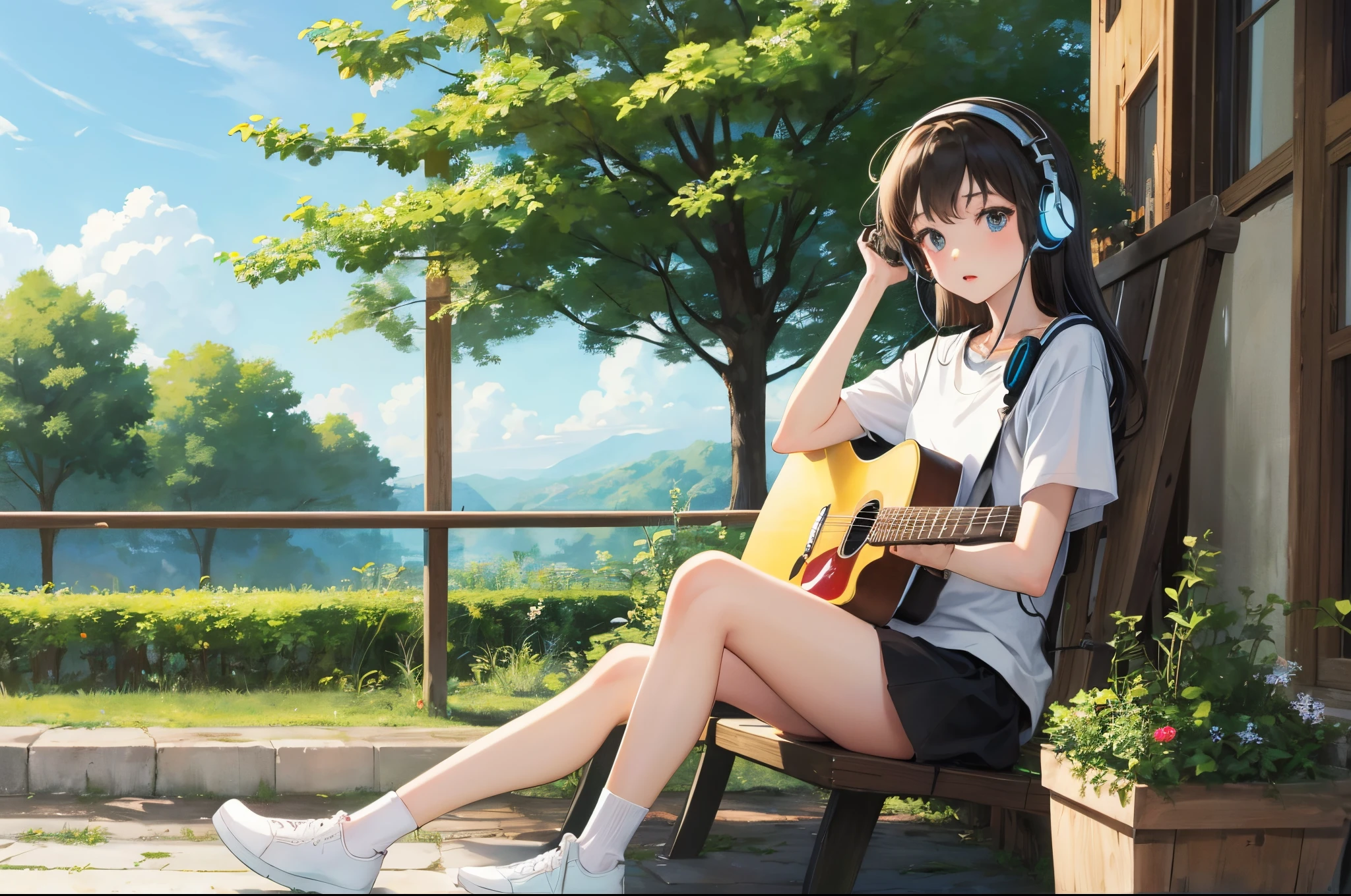 ghibli style girl、sitting and listening to music、Wearing headphones、