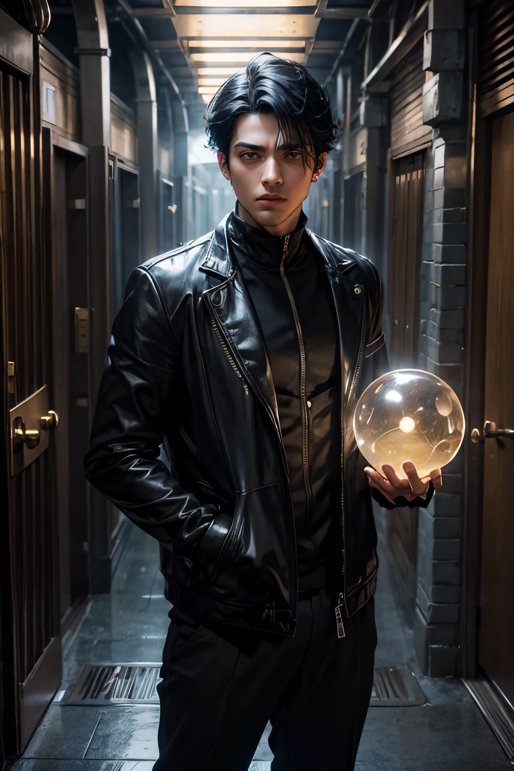 He has an angry expression on his face.A beautiful man is holding both palms of his hands toward the camera. A magical ball of light that shines brightly is created there. The man has black hair. Late twenties. Beautiful double eyes. The bridge of my nose. Well-shaped lips. wearing a jacket. He is standing on a steel hallway.