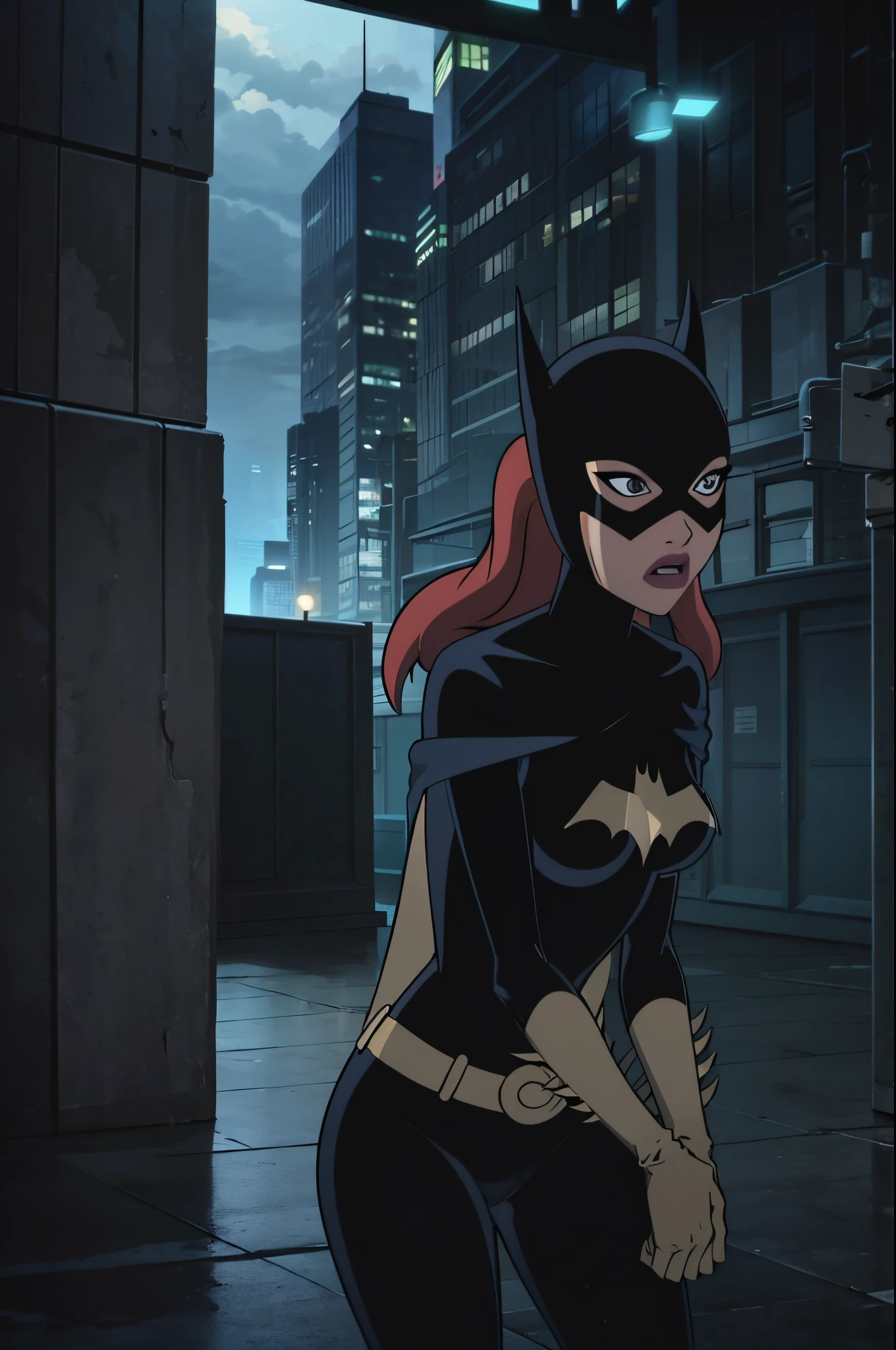 ((whole body view)), Batgitlfit, cabelos muito longos, cabelos ruivos, cabelo entre os olhos, rabo de cavalo alto, Fechaduras laterais, olhos azuis, Batgirl, roupas brilhantes, impossible bodysuit, pele apertada, saia, Olhando para o Viewer apavorada, (pernas musculosas:1.3), ((Acuada e capturada em um beco de Gotham City))
