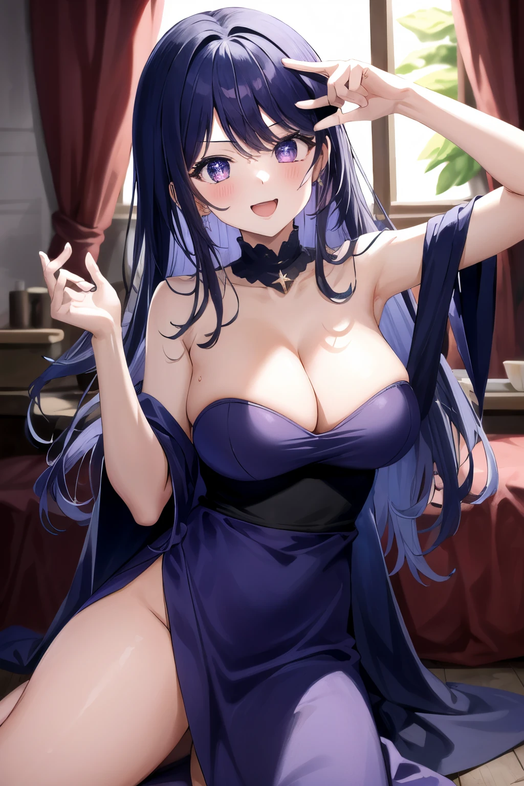 ​masterpiece、ighly detailed、(1 girl in:1.2)、purple color  hair、virgin killer strapless  open shoulder strapless Kimono、big eye、、Naughty smile、8K 、Ai Hoshino、Star、very sexy