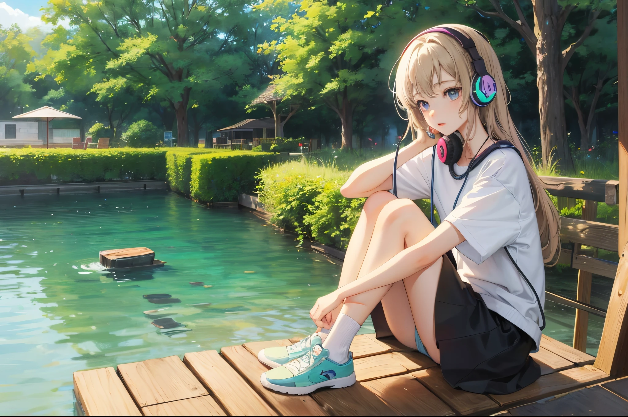 ghibli style girl、sitting and listening to music、Wearing headphones、