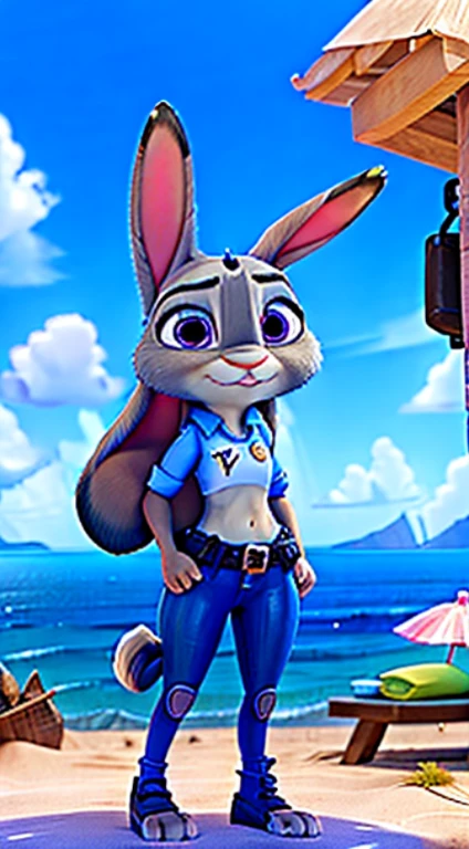 tmasterpiece, Better quality, , Alone, 1个Giant Breast Girl, Judy Hopps, Furry Girl, Full body view，exteriors, HighDynamicRange, blue-sky, sun light, sandbeach, coconut palms，sea shell，animal nose, Alone, Leather details, Cute epic movie concept,Police clothes, looking at viewert