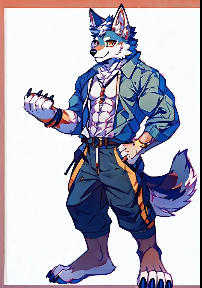 furry, muscular, male, solo, wolf, standing up, reference sheet, full body