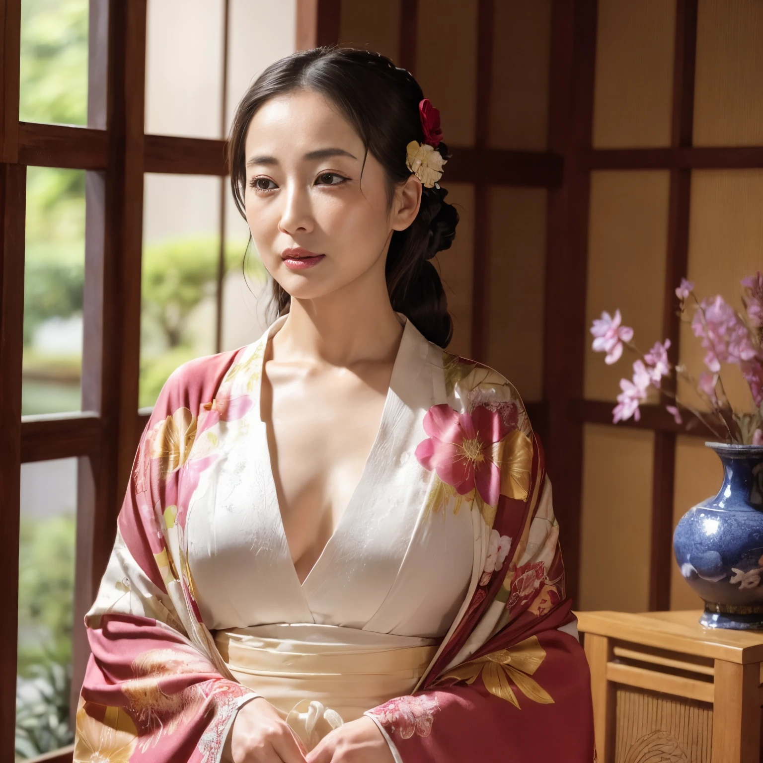 ((top-quality、masutepiece、8K、Top image quality、Hyper-Realism、SFW、1 photo))、1 female、Wearing a beautiful kimono、hair adornments、Very dark lipstick、lipgloss、Perfect makeup、cleavage of the breast、chignon、turned around、Fluttering chest、Bedroom in an old folk house、Old Japan house、Poor life、Background with a sense of life、View me、Slight smile、Photo from the waist up、perfect anatomia、chignon、natta、dark、midnight、deep in the night、murky