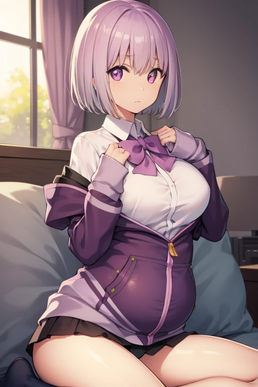 akaneshinjou, shinjou akane, Light purple hair, (Pink eyes:1.2), Short hair,
BREAK black pantyhose, Bow, Collared shirt, hoods, hooded jacket, Jacket, Open your clothes, Open jacket, Open Shirt, pantyhose, Purple bow, Purple jacket, School uniform, Shirt, sleeves past wrists, Unbuttoned shirt, White shirt,,
Break indoors, city,
BREAK looking at viewer, BREAK (masutepiece:1.2), Best Quality, High resolution, Unity 8k壁纸, (Illustration:0.8), (Beautiful detailed eyes:1.6), extra detailed face, Perfect Lighting, extremely details CG, (Perfect hands, Perfect Anatomy),full bodyesbian,Pregnancy,panties on,Underwear,Put your hands on your chest