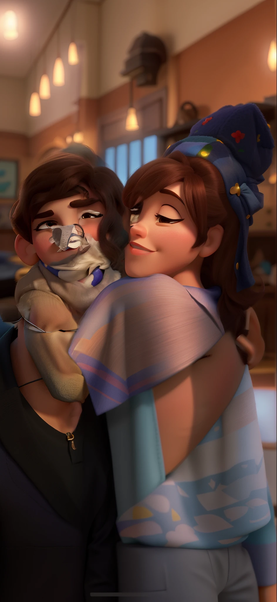 casal homem e mulher no estilo Disney Pixar, alta qualidade, melhor qualidade com por do sol ao fundo
