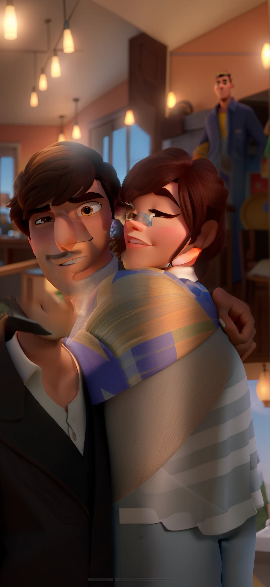 casal homem e mulher no estilo Disney Pixar, alta qualidade, melhor qualidade com por do sol ao fundo