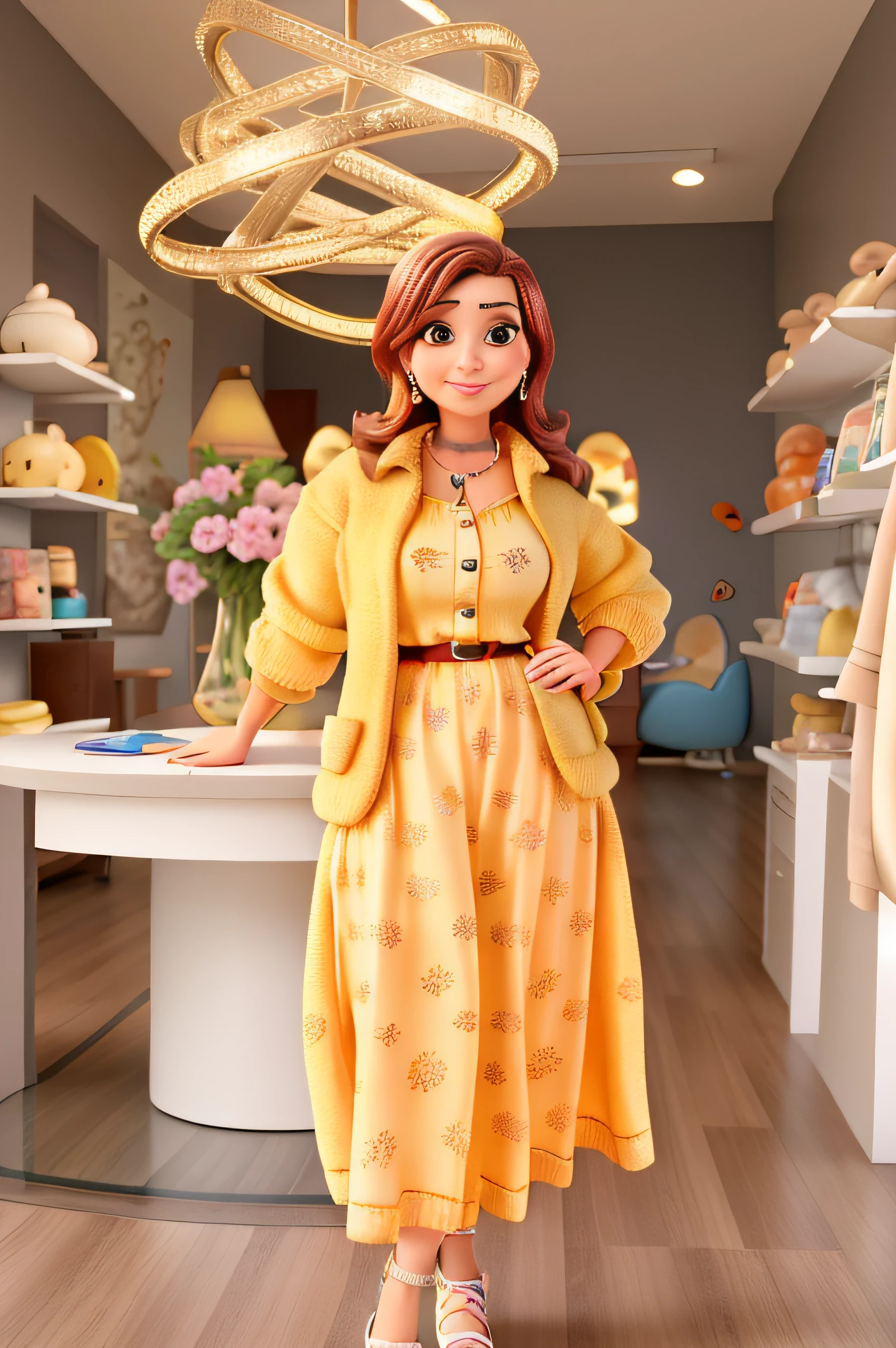 Uma mulher estilo pixar, segurando muitas joias de luxo, alta qualidade, com muita qualidade, colocar um fundo em uma joalheria de luxo.