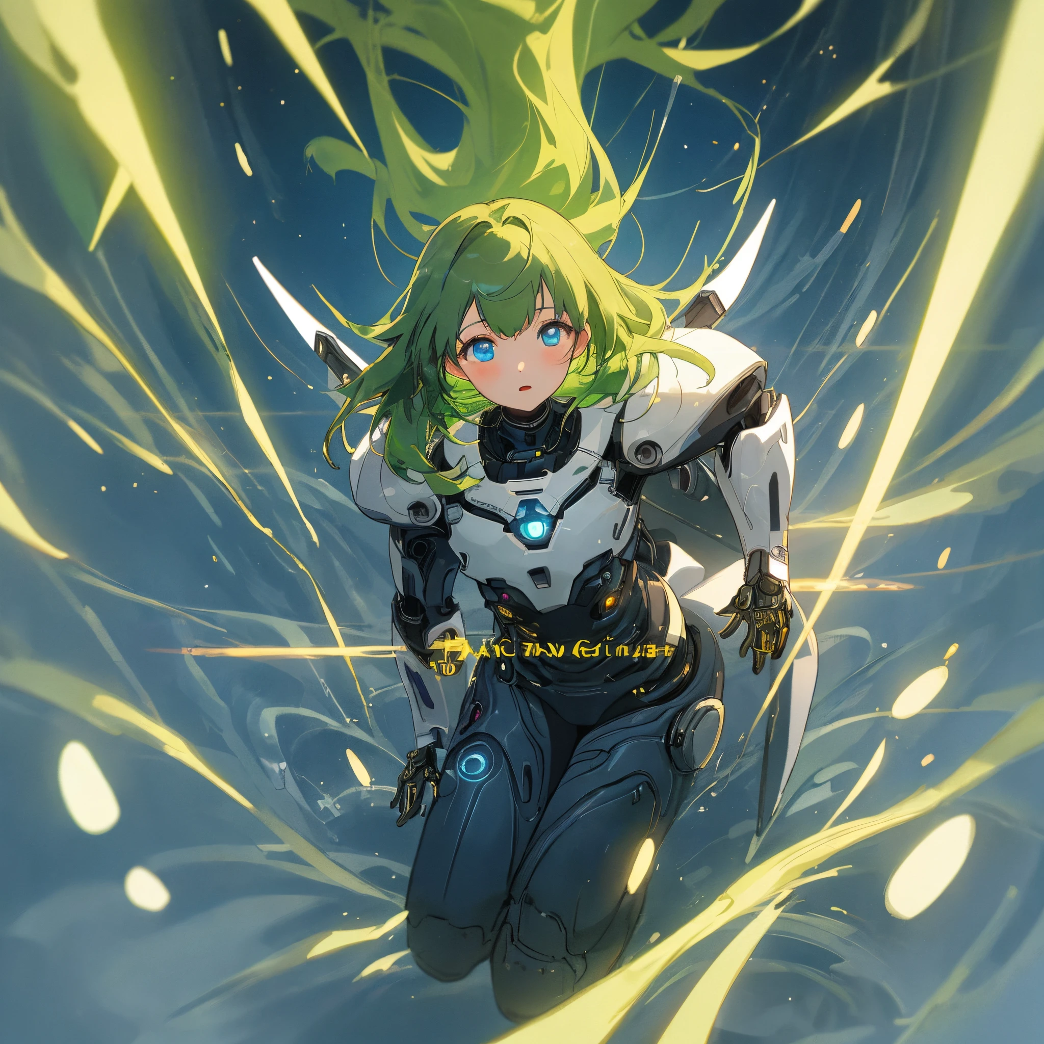 top-quality、Top image quality、masterpiece、超A high resolution、Android Beautiful Girl、sixteen years old, Glowing white cyber suit, yellow energy source in chest、green shiny hair、The long-haired,Blue Eyes、A slender、The face is depicted in detail、Eyes are drawn in detail、Clothes are depicted in detail、The background is detailed、hiquality、Beautiful Art、Fantastic Universe、Elaborate design、soio、sorcerer、animesque、illustratio、Full body front