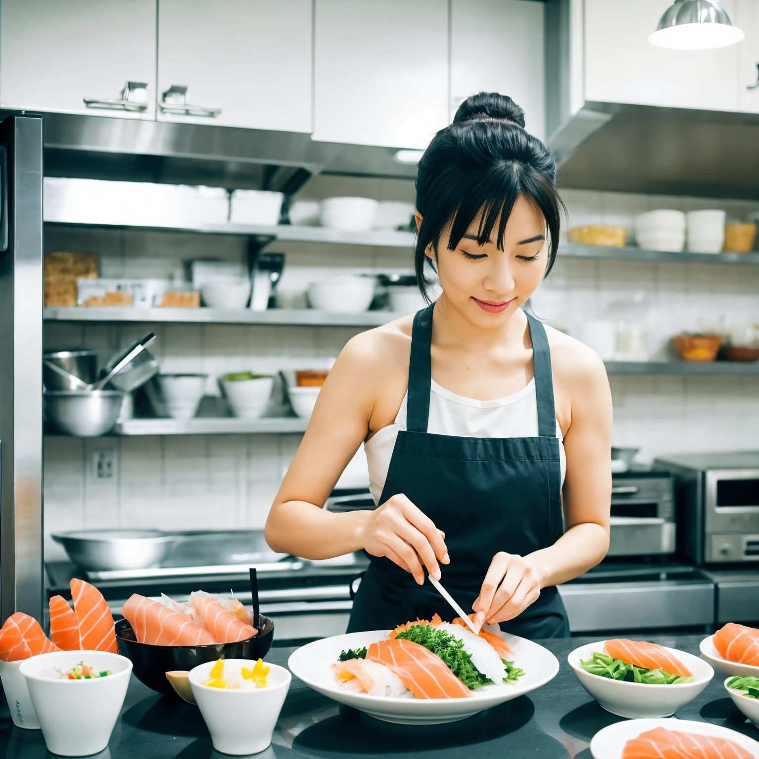 Asian Female Chef making sushi in the kitchen